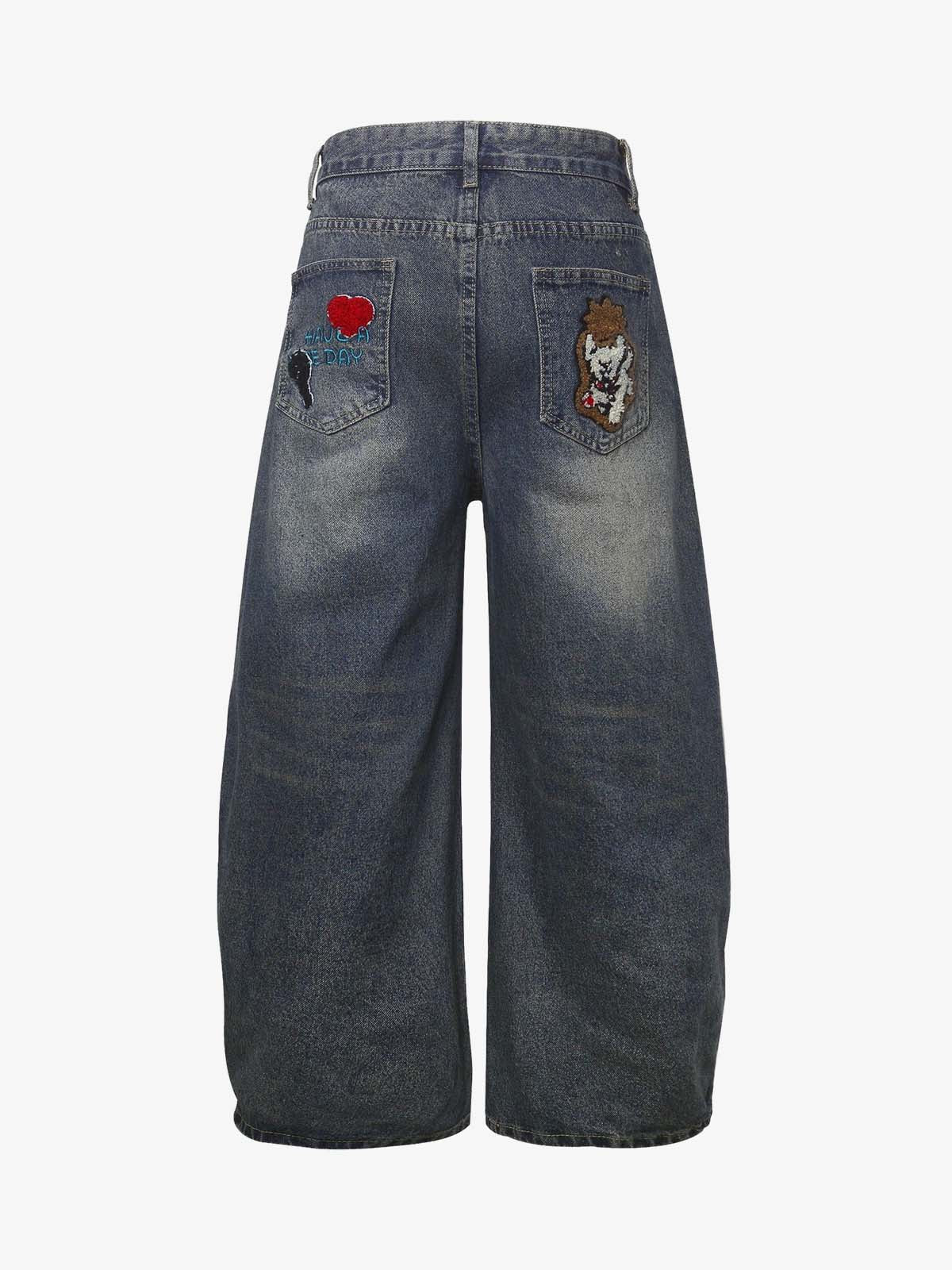 Retro Cartoon Graphic Heavy Embroidery Barrel Jeans - Image 7