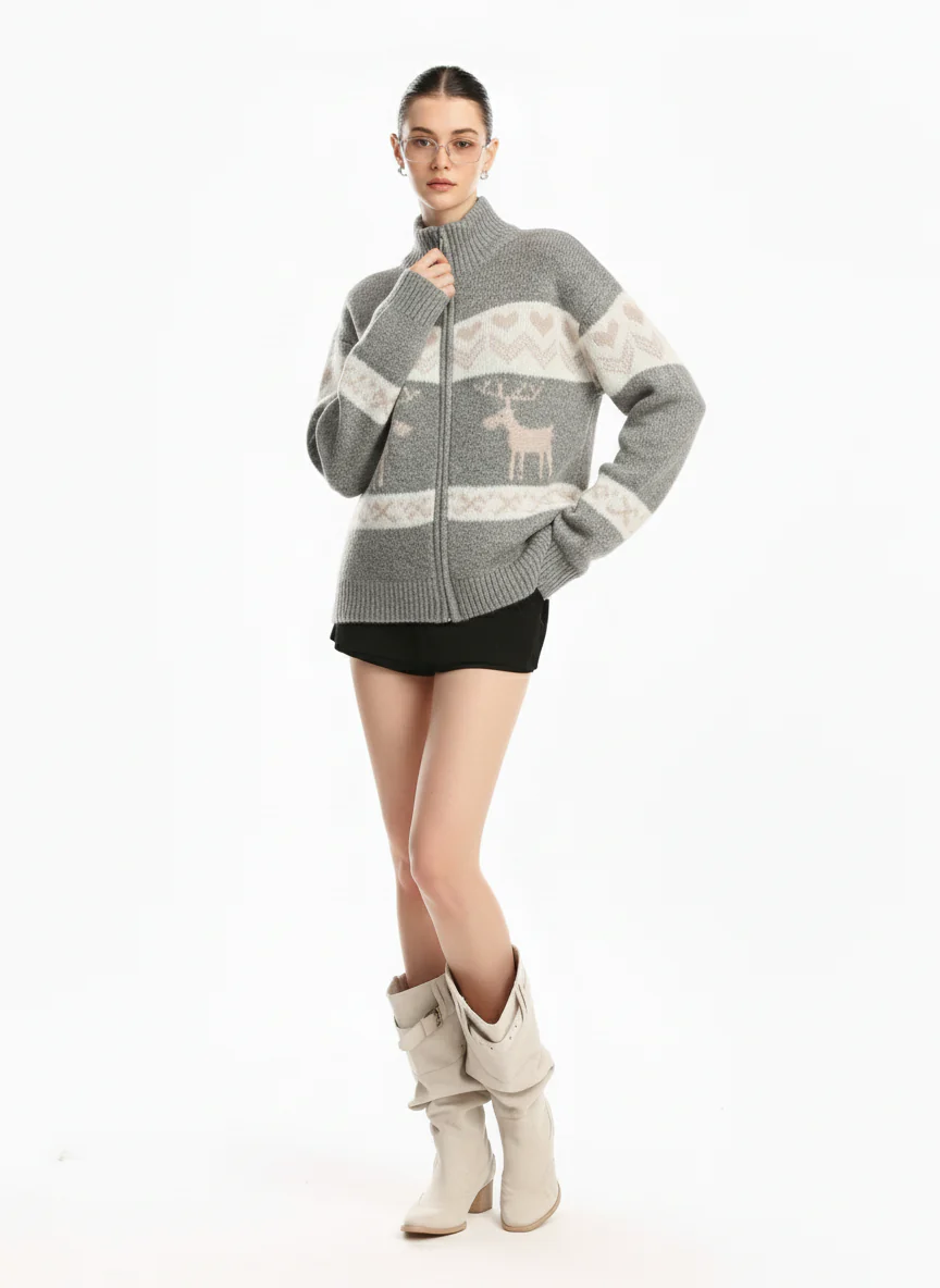 Retro Christmas Reindeer Pattern Zip-Up Knit Cardigan Sweater - Image 3