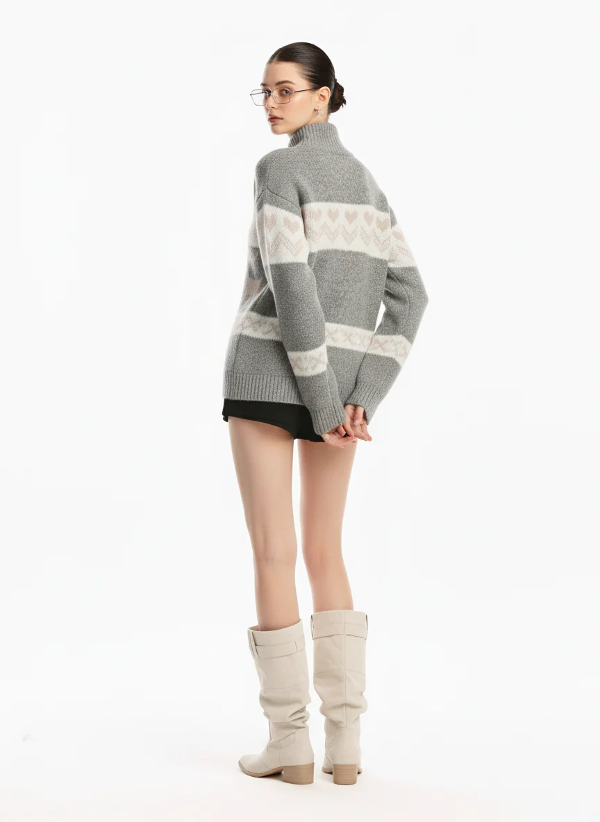 Retro Christmas Reindeer Pattern Zip-Up Knit Cardigan Sweater - Image 4
