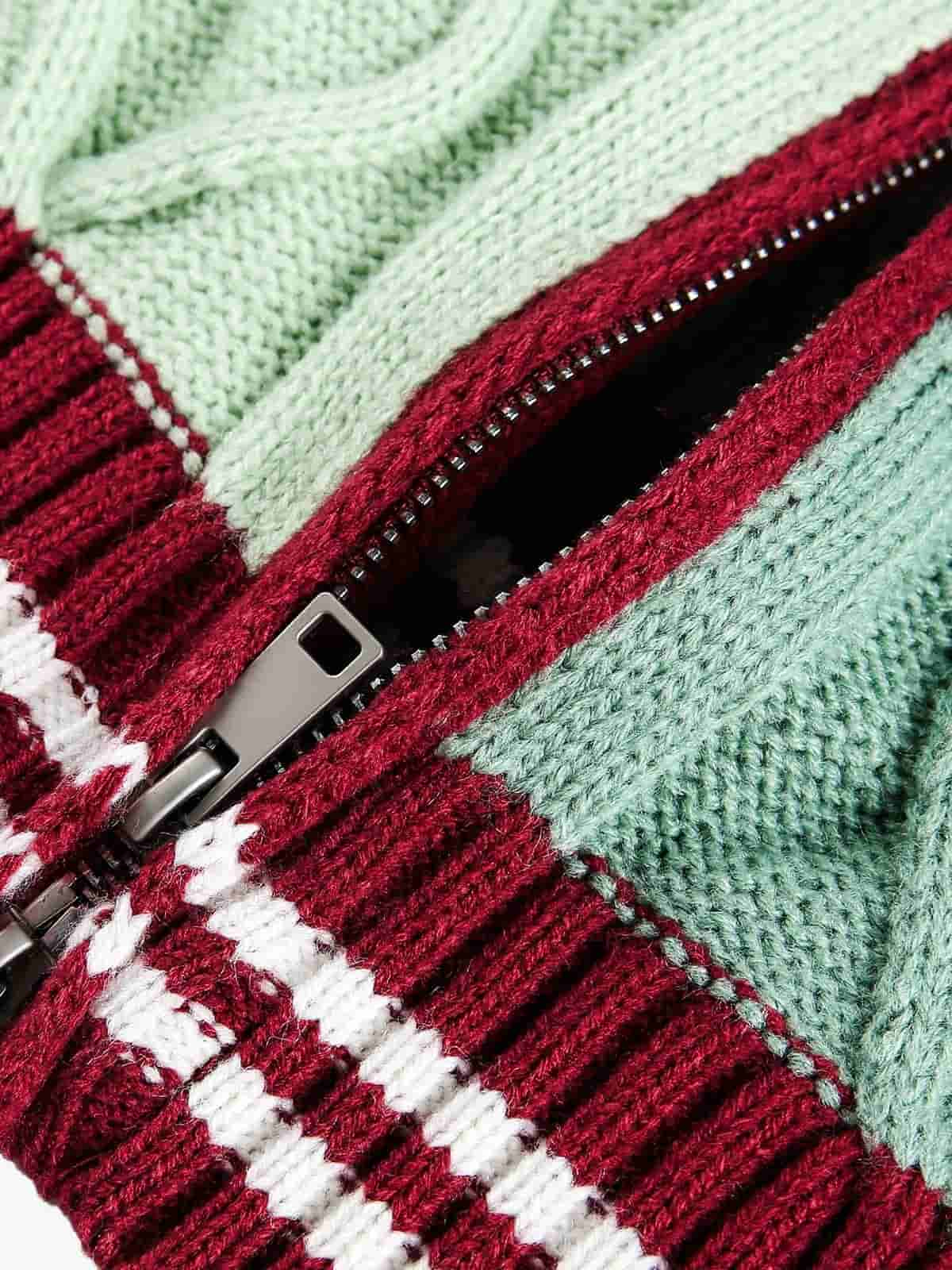 Retro Contrast Color High Neck Knitted Cardigan Sweater - Image 12