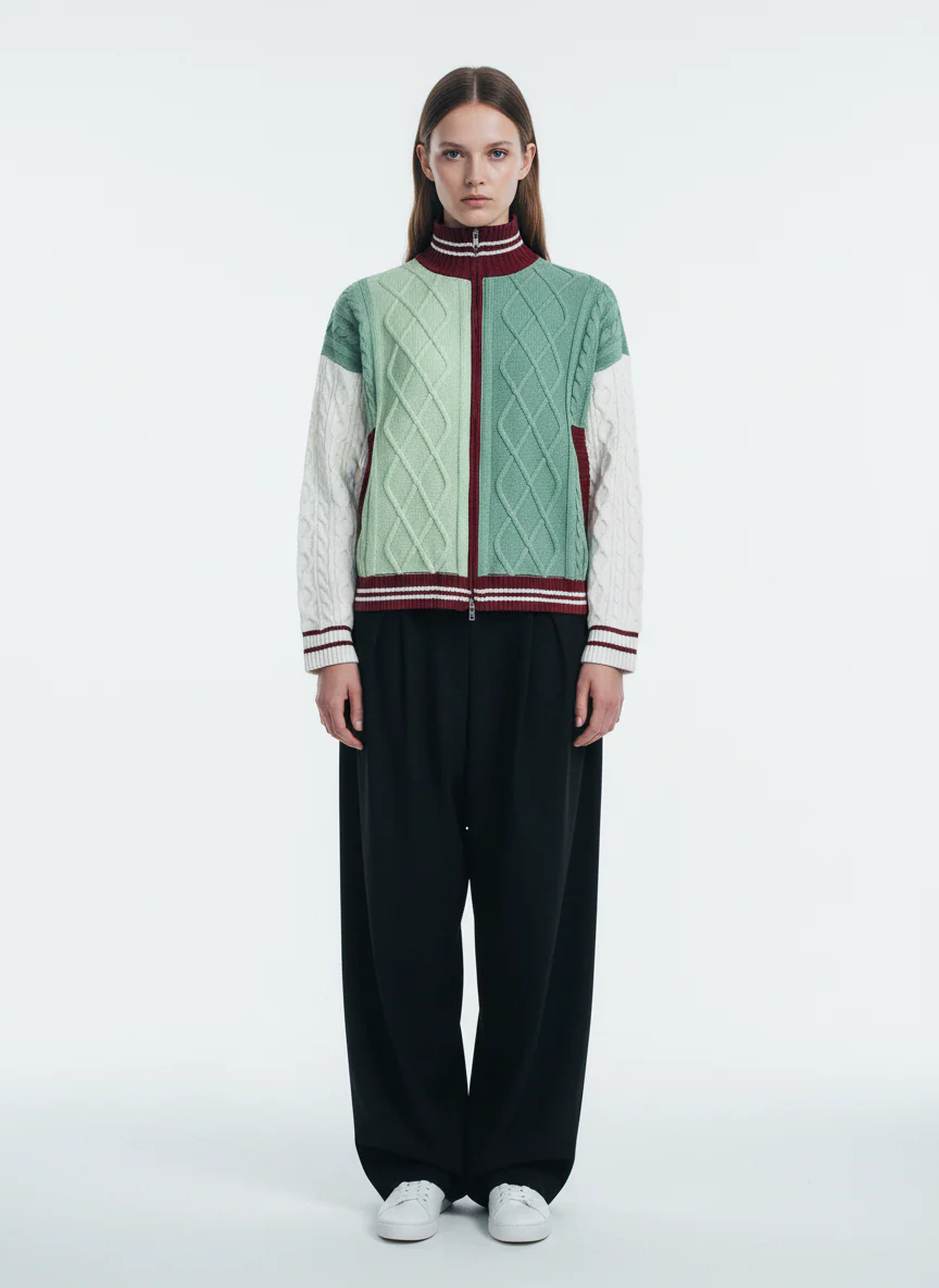 Retro Contrast Color High Neck Knitted Cardigan Sweater - Image 3
