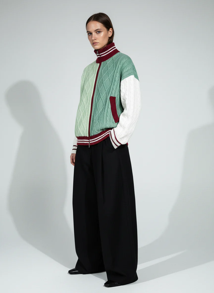 Retro Contrast Color High Neck Knitted Cardigan Sweater - Image 5