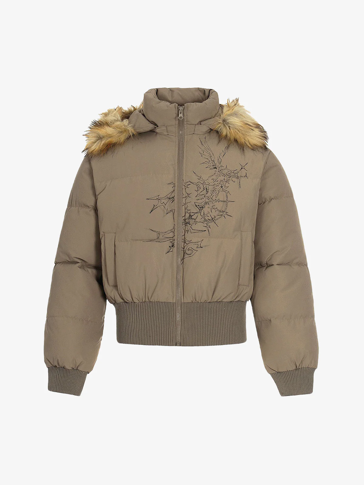 Retro Dark Print Faux Fur Collar Quilted Jacket - Image 2