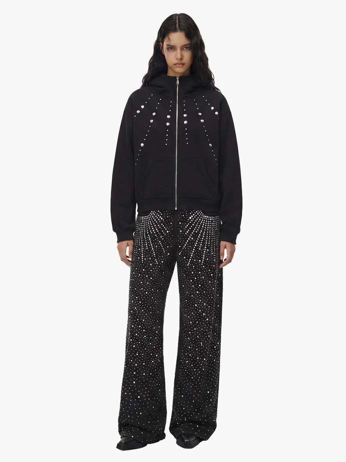 Retro Denim Full Rhinestone Design Baggy Jeans - Image 4