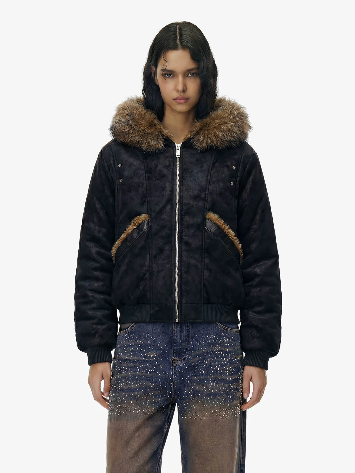 Retro Detachable Faux Fur Collar Suede Fleece Hoodie Jacket
