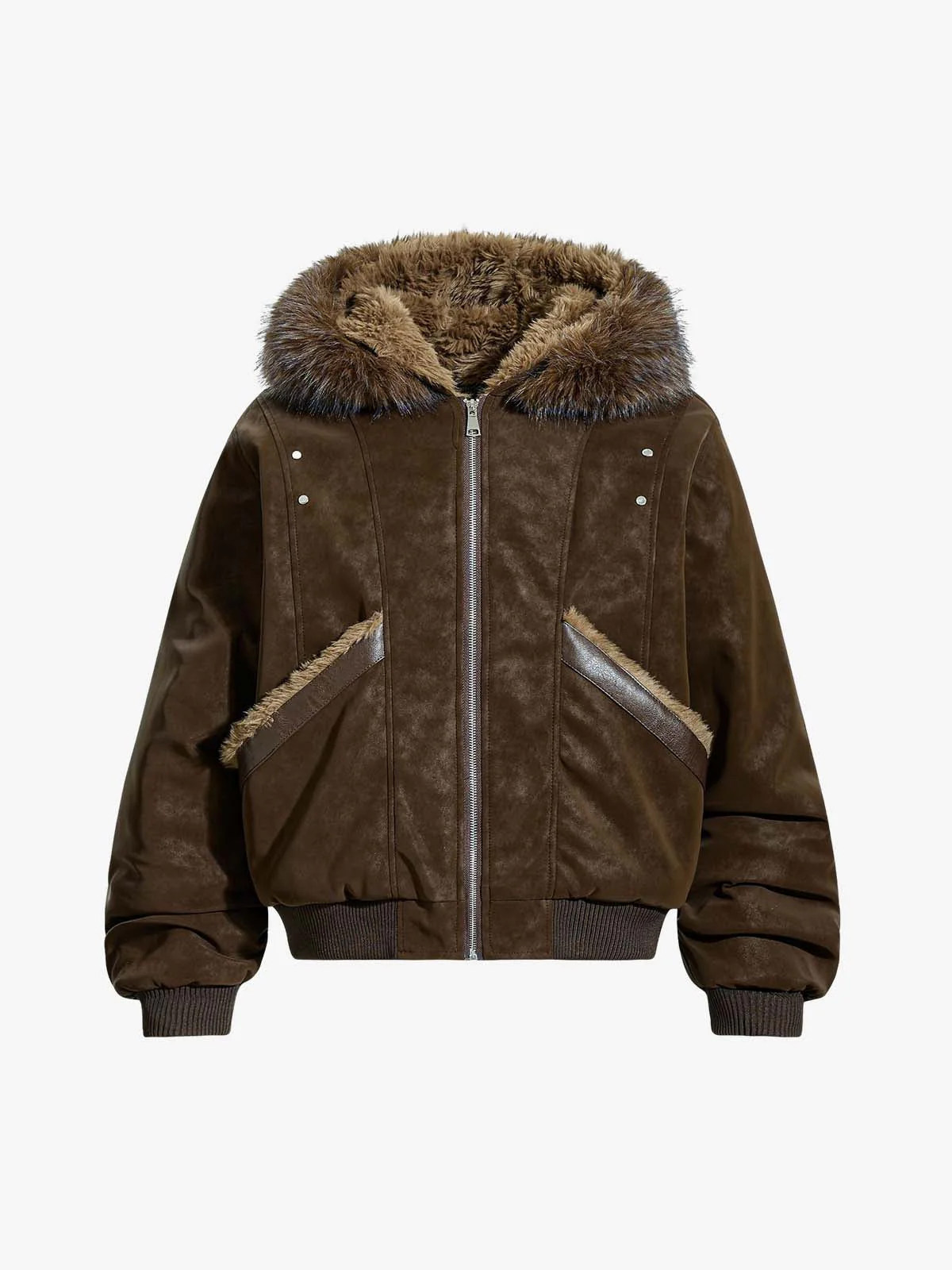 Retro Detachable Faux Fur Collar Suede Fleece Hoodie Jacket - Image 2