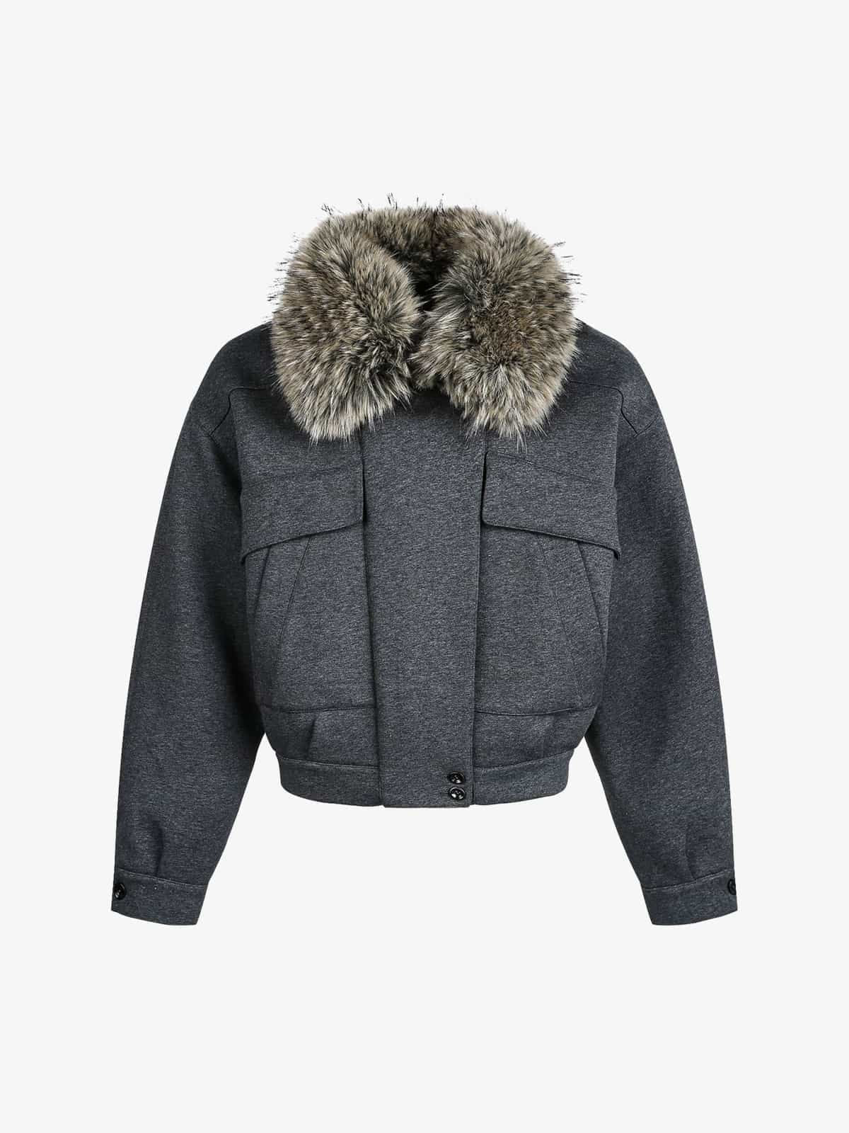 Retro Detachable Faux Fur Collar Washed Bomber Jacket - Image 2
