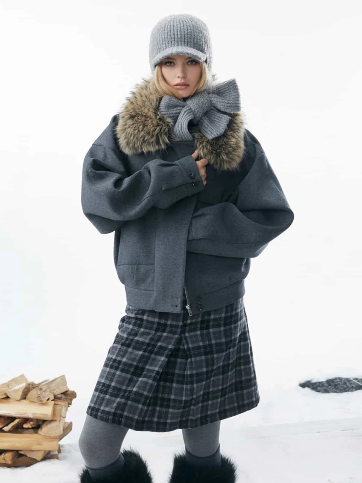 Retro Detachable Faux Fur Collar Washed Bomber Jacket - Image 4