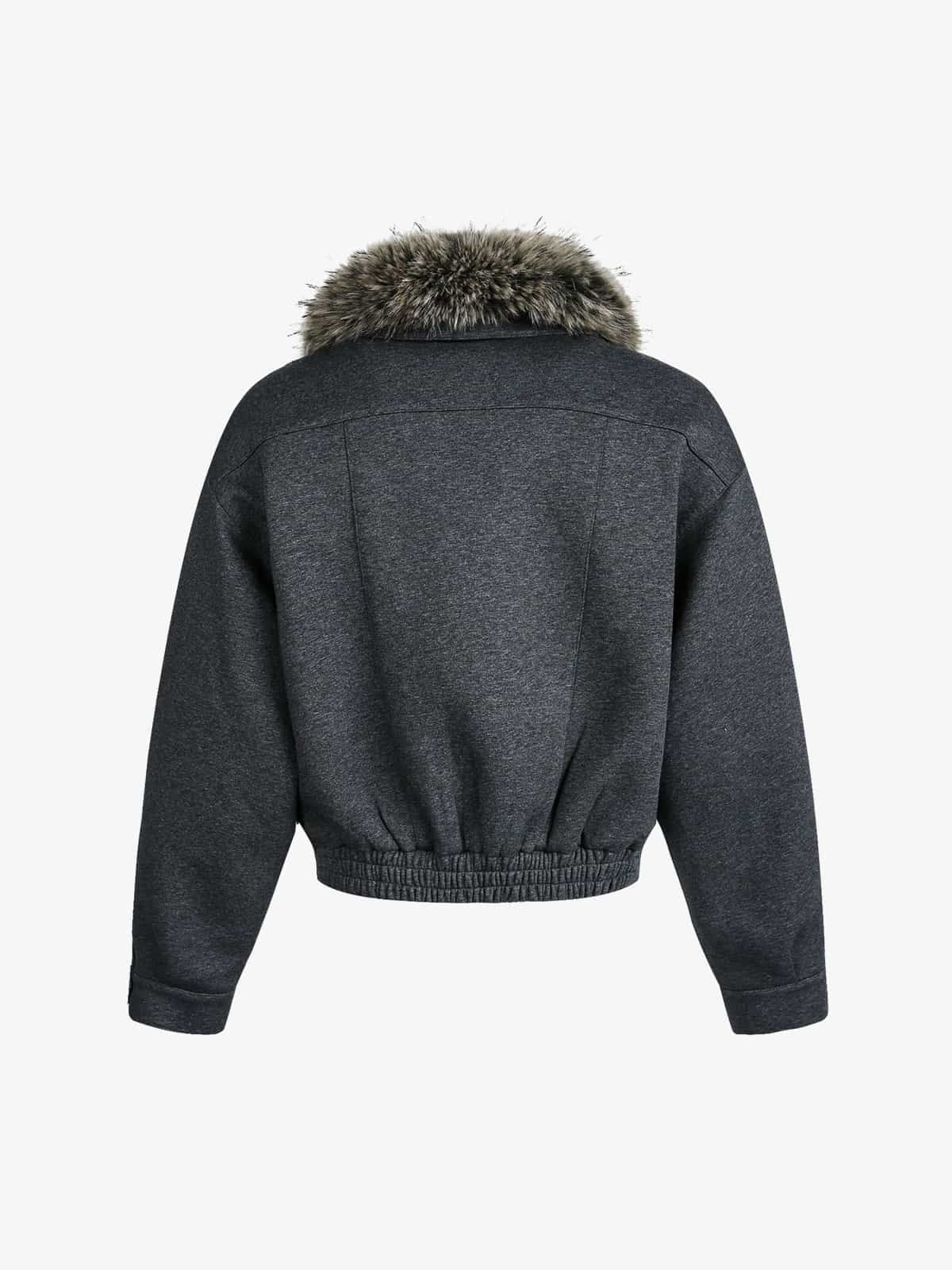 Retro Detachable Faux Fur Collar Washed Bomber Jacket - Image 9