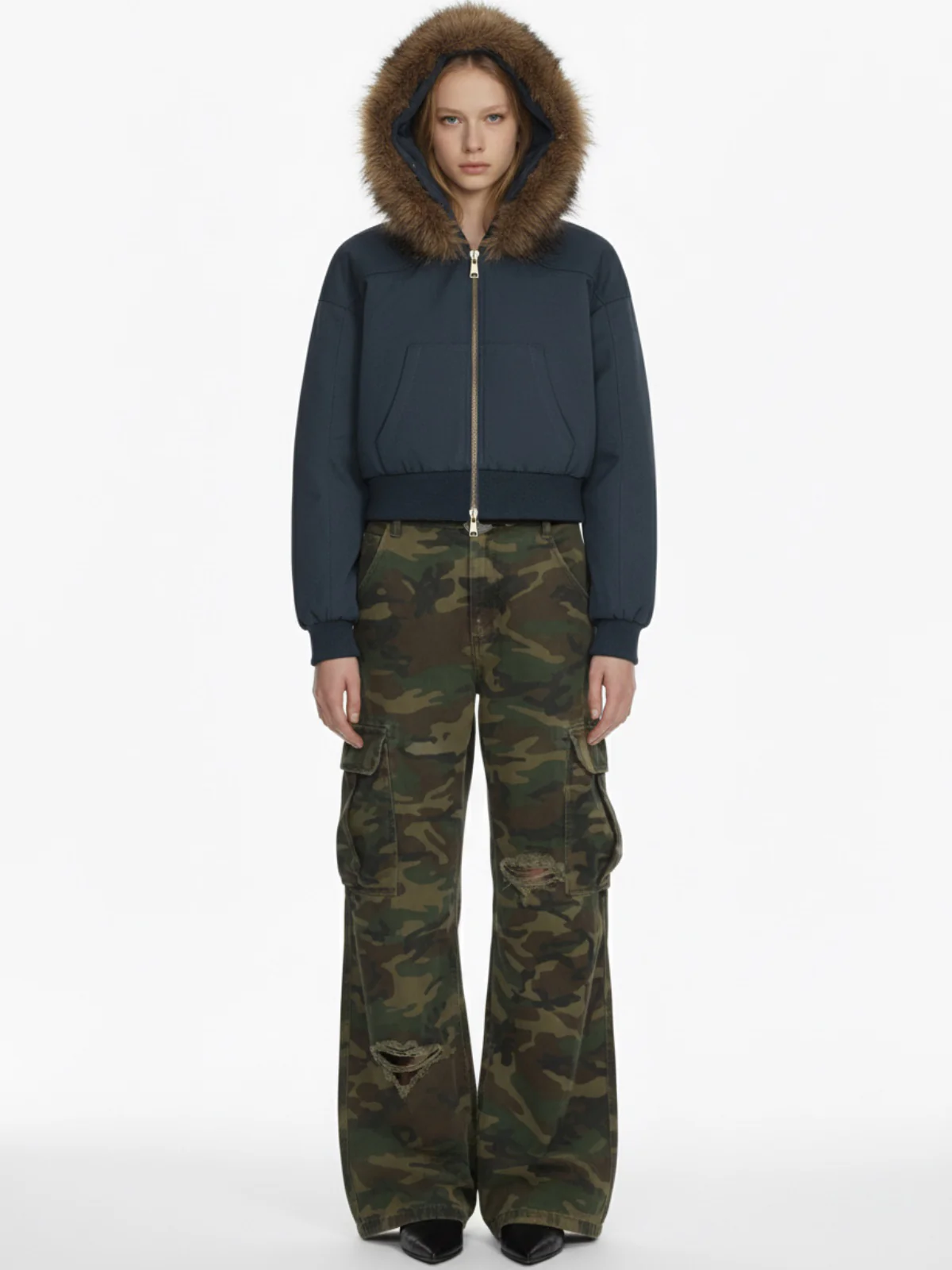 Retro Detachable Fur Collar Cropped Hooded Sweatshirt - Image 4