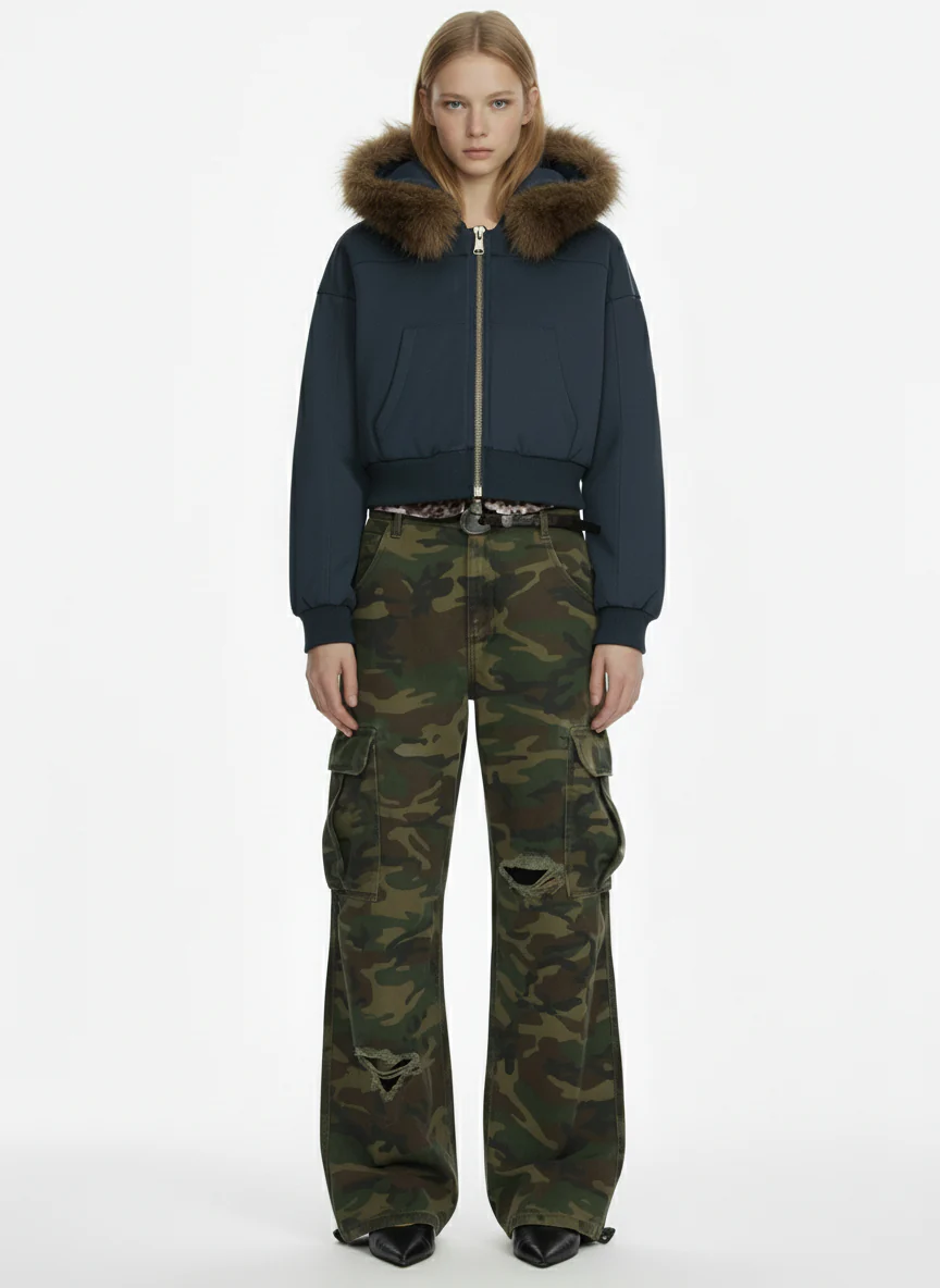 Retro Detachable Fur Collar Cropped Hooded Sweatshirt - Image 5