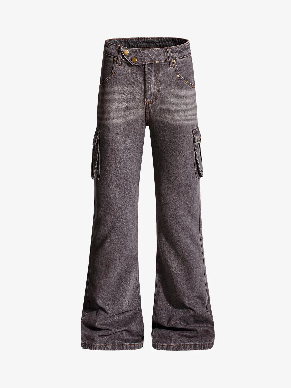 Retro Faded Multi-Pocket Flared Cargo Jeans - Image 2