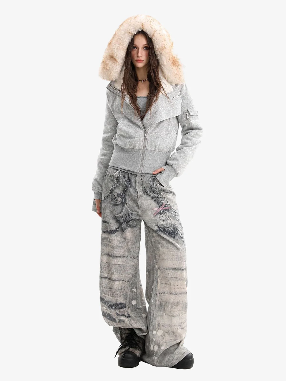 Retro Faux Fur Collar Fleece Zip Up Hoodie Jacket - Image 3