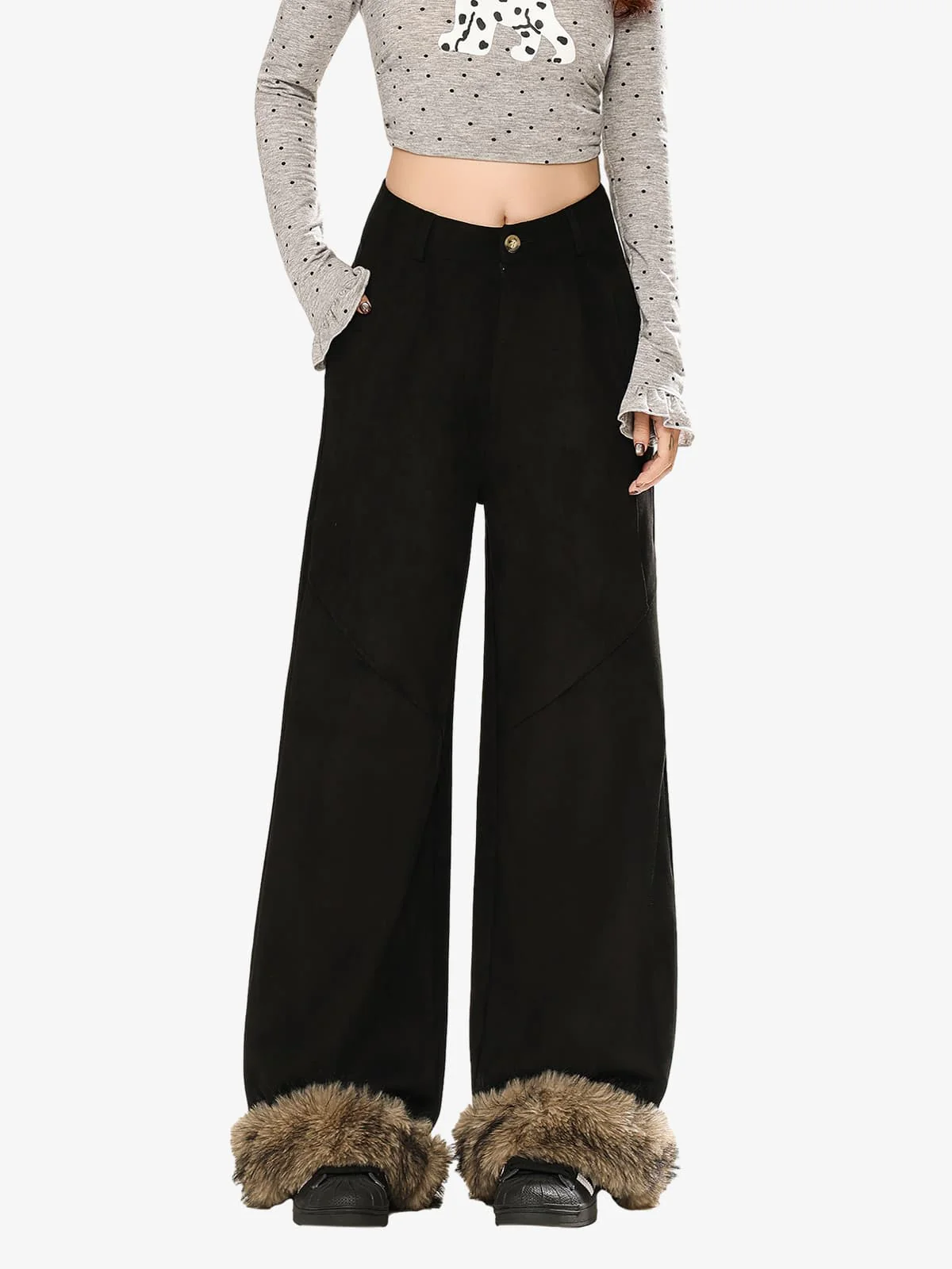 Retro Faux Fur Hem Wide-Leg Pants