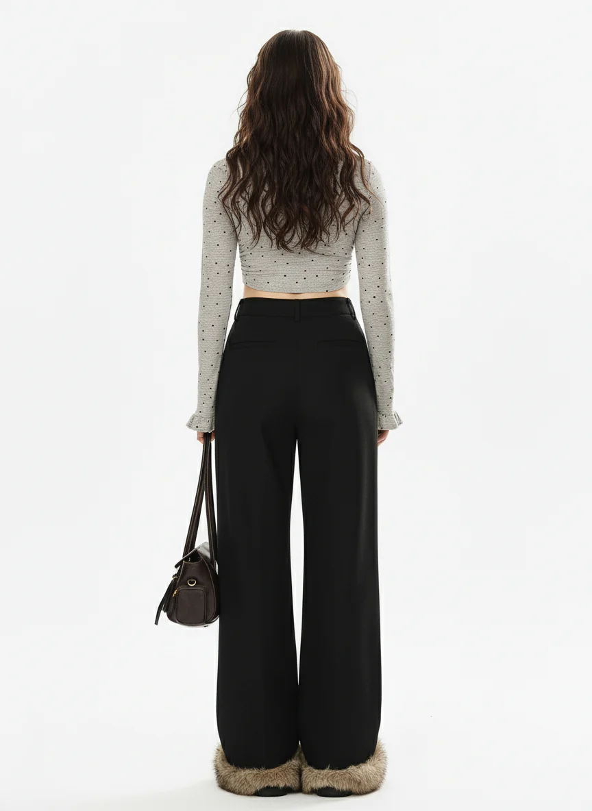 Retro Faux Fur Hem Wide-Leg Pants - Image 4