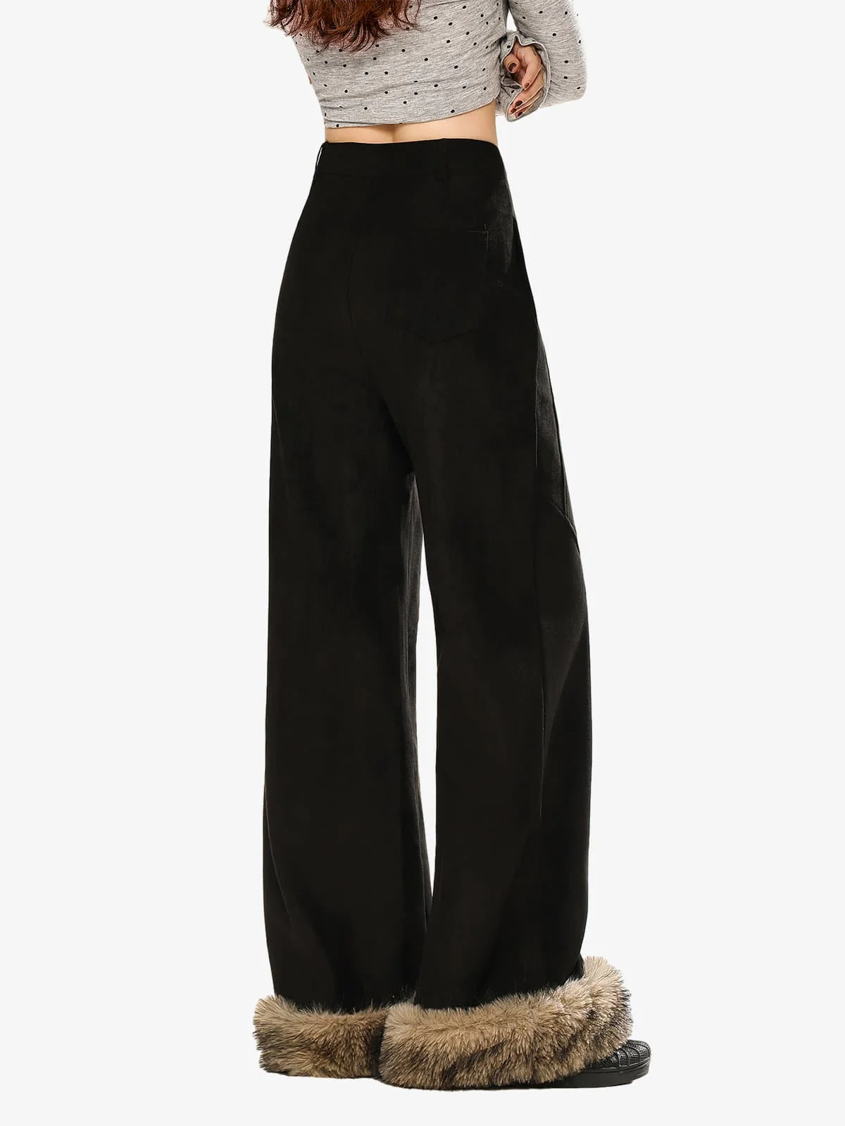 Retro Faux Fur Hem Wide-Leg Pants - Image 8