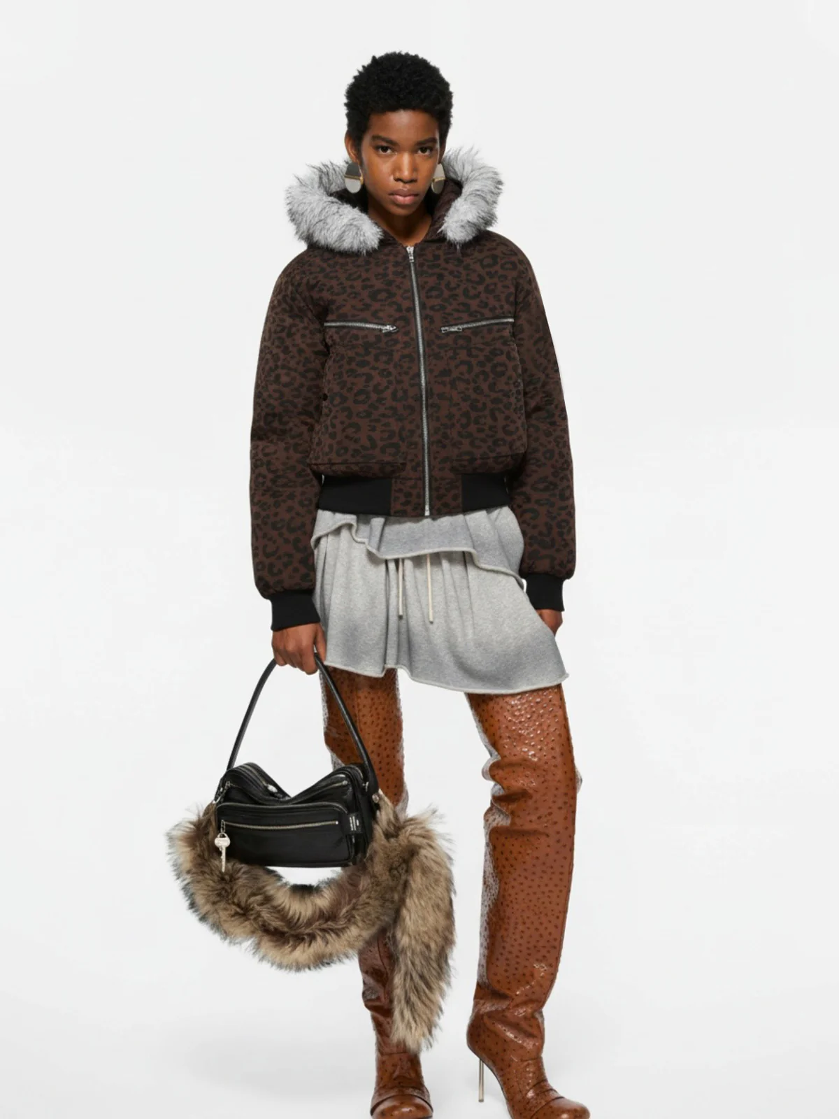 Retro Faux Fur Trimmed Hood Leopard Print Bomber Jacket - Image 3