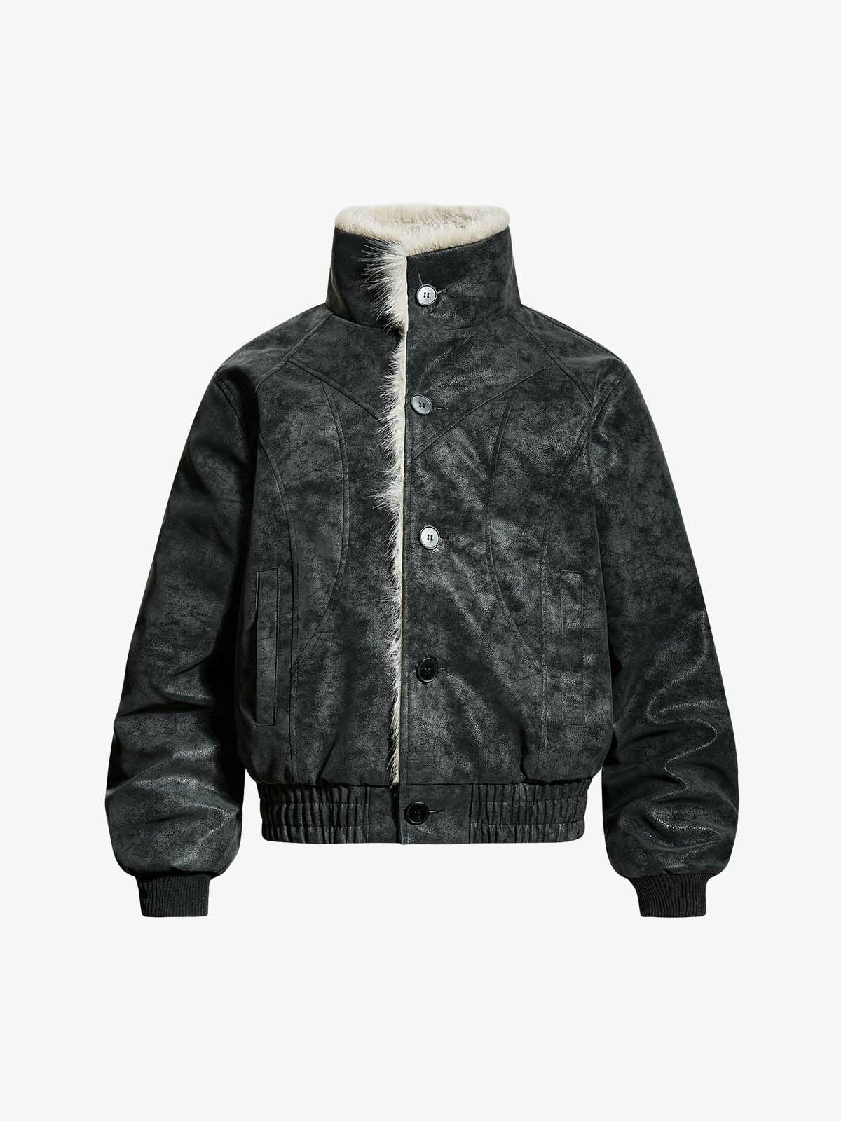 Retro Faux Suede Fur Lined Button-Up Bomber Jacket - Image 2