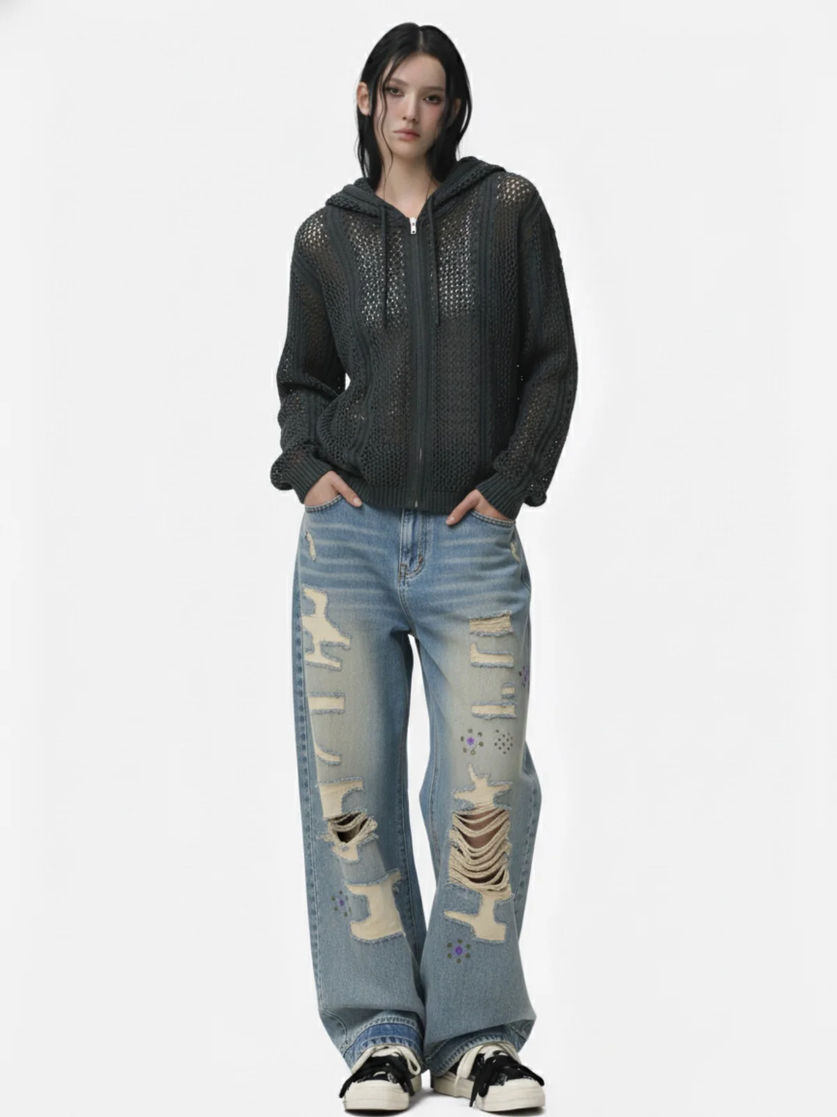 Retro Hollow-Out Knit Zip Up Hoodie - Image 6
