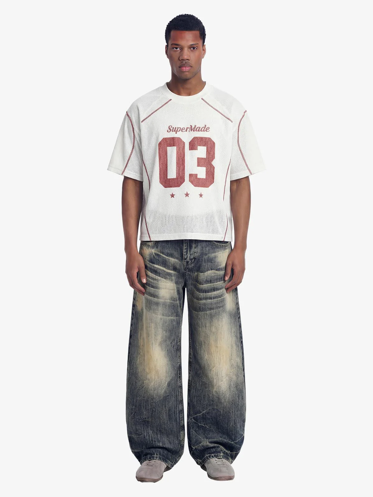 Retro Mesh Panel Number Print Contrast Stitch Jersey T-Shirt - Image 5