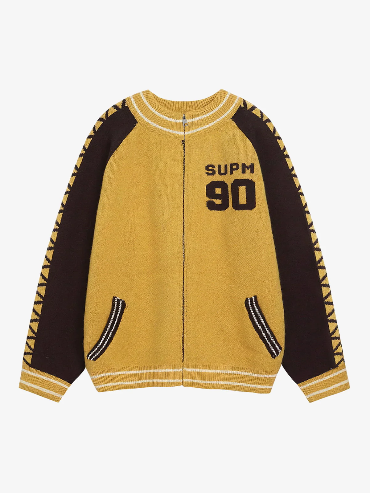 Retro Motorcycle Colorblock Knitted Zip-up Sweater Jacket - Image 2