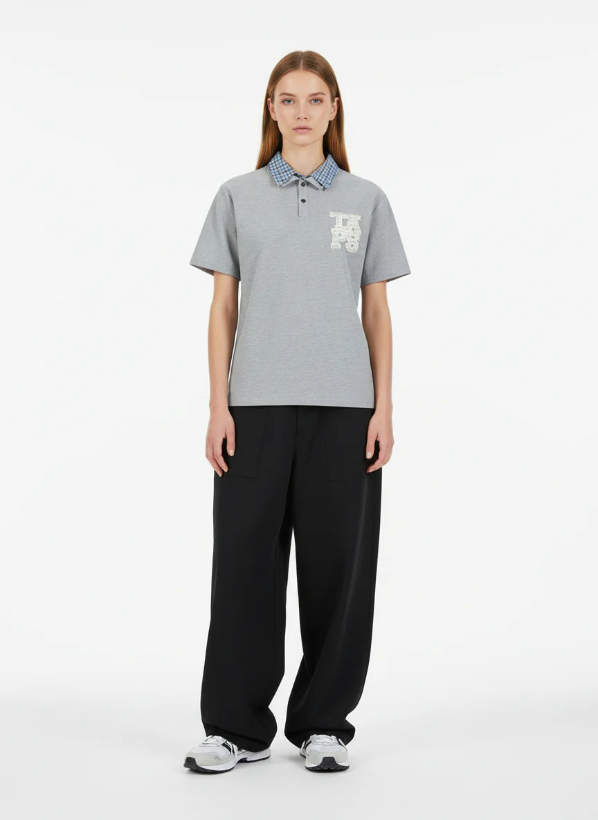 Retro Pearl Letter Plaid Collar Polo Shirt - Image 3