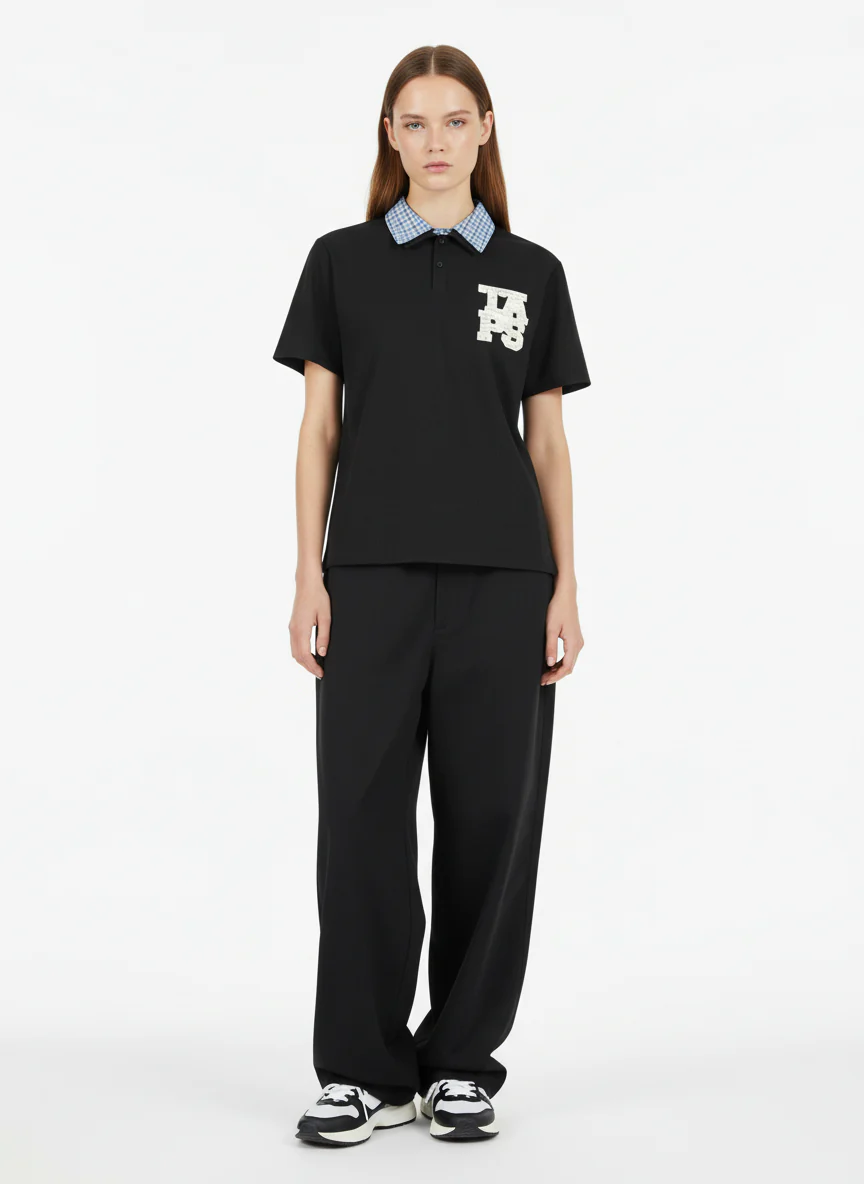 Retro Pearl Letter Plaid Collar Polo Shirt - Image 6