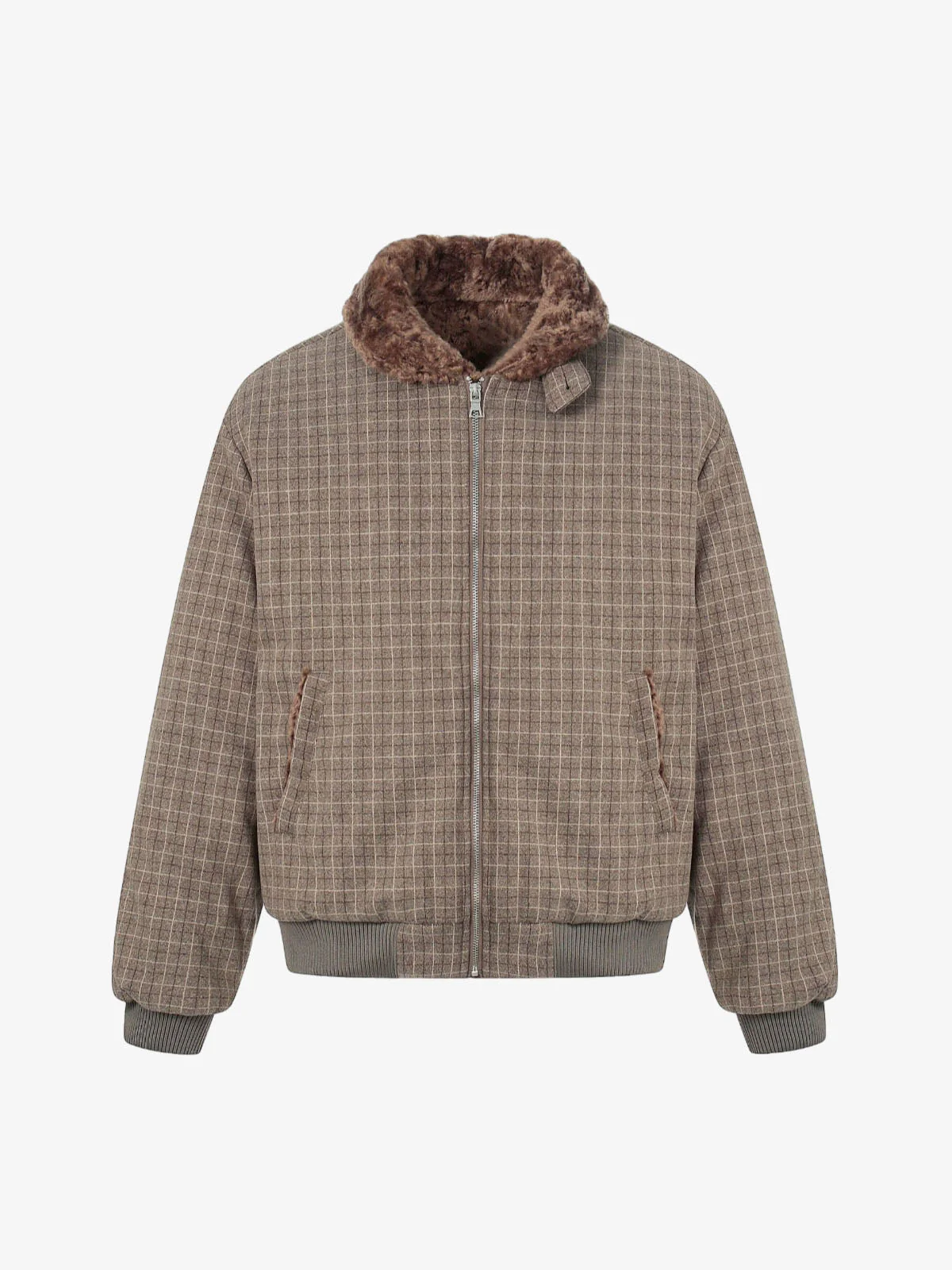 Retro Plaid Fur Collar Warm Padded Jacket