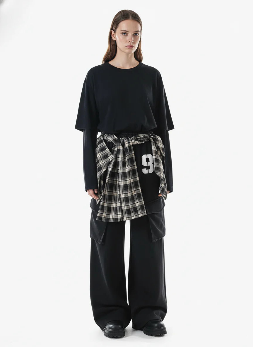 Retro Plaid Patchwork Tie-Belt Wide-Leg Barrel Pants - Image 6