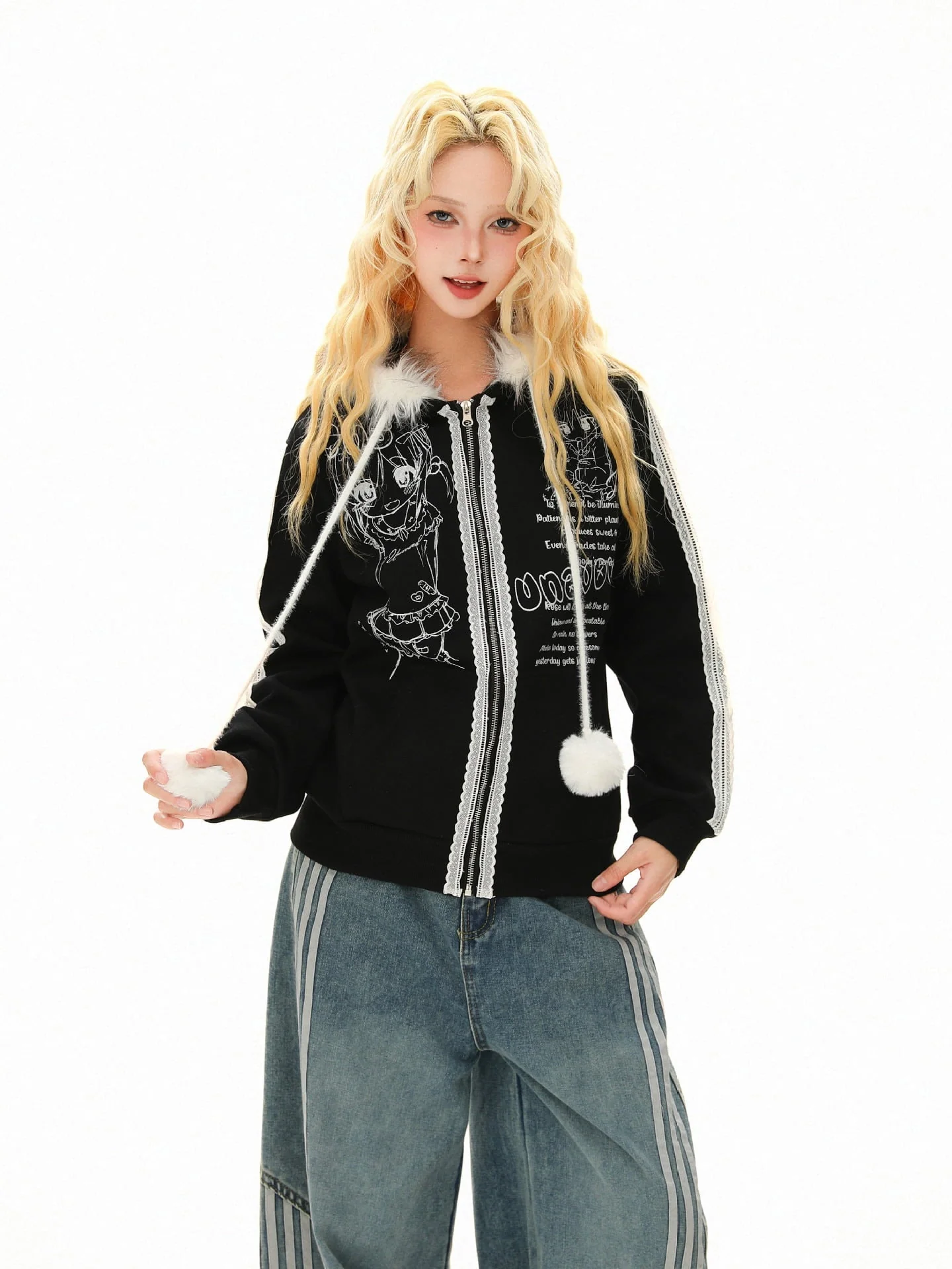 Retro Plush Collar Cartoon Anime Zip-Up Hoodie - Image 9
