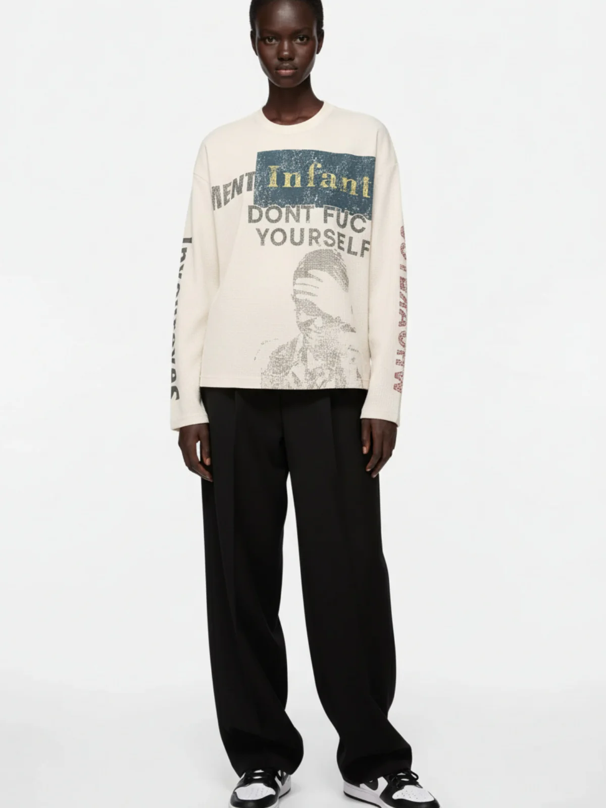 Waffle Knit Graphic Print Crewneck Sweatshirt - 2496 - Image 3
