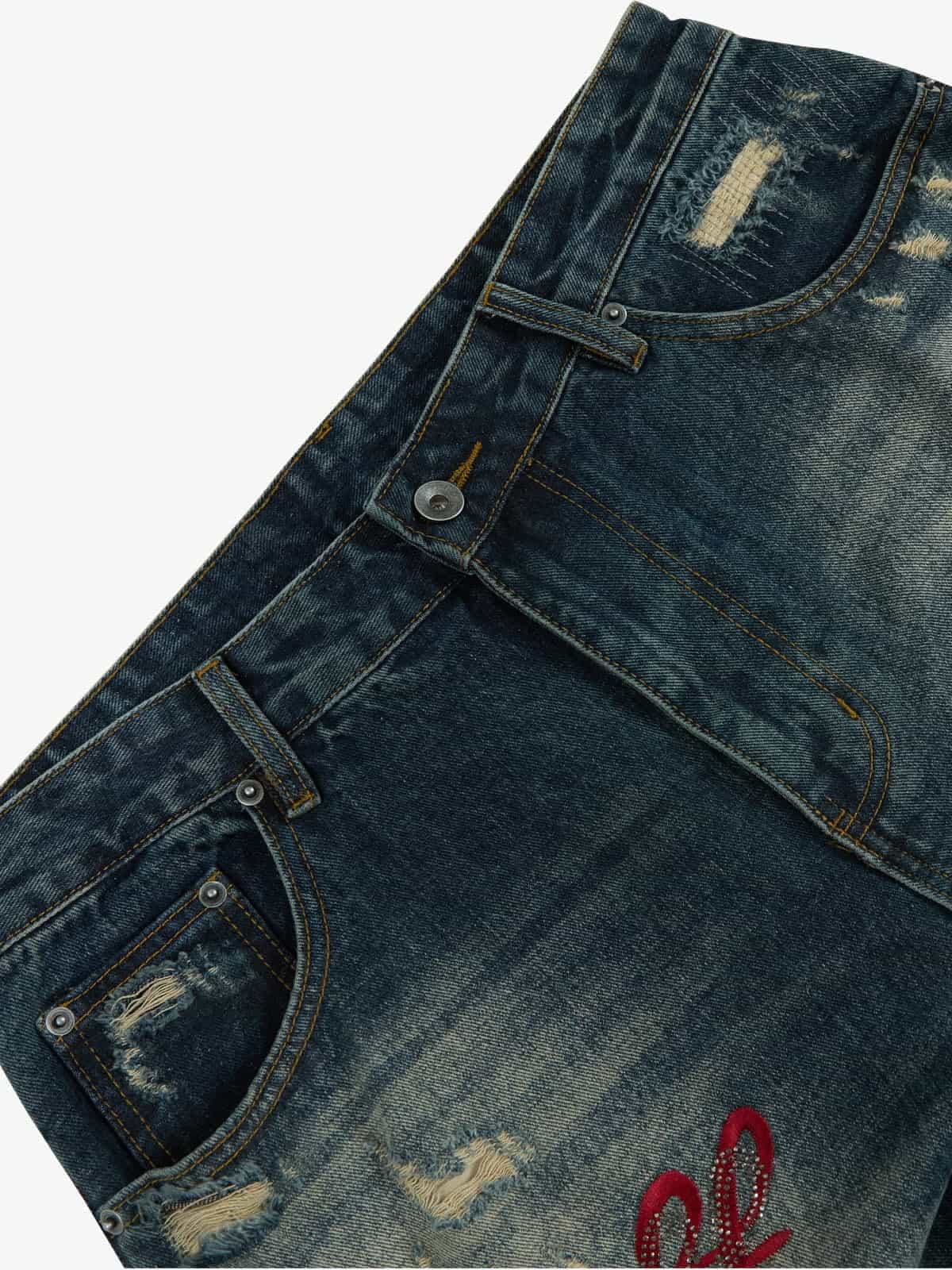 Retro Rhinestone Letter Embroidery Distressed Baggy Jeans - Image 9