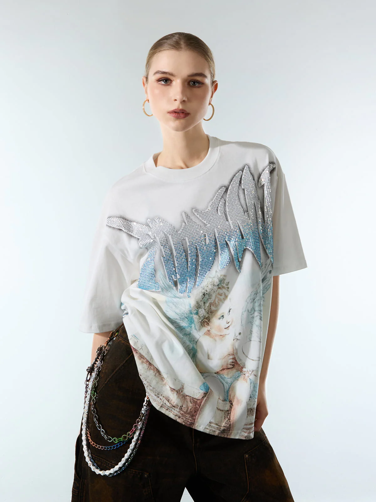 Retro Street Peace Dove Angel Rhinestone T-Shirt