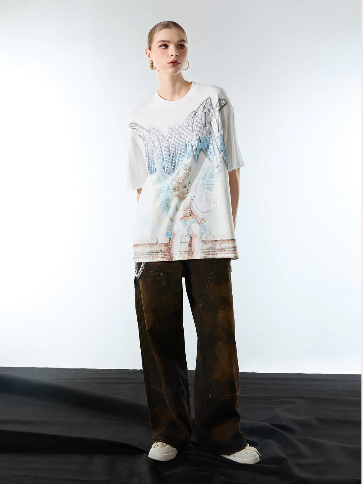 Retro Street Peace Dove Angel Rhinestone T-Shirt - Image 3