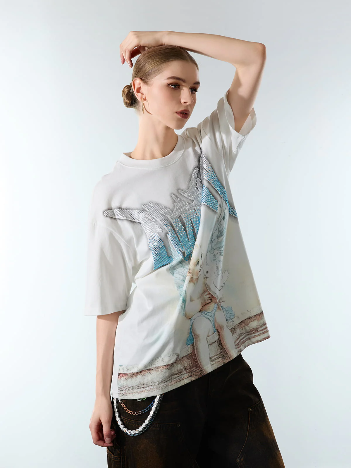 Retro Street Peace Dove Angel Rhinestone T-Shirt - Image 5