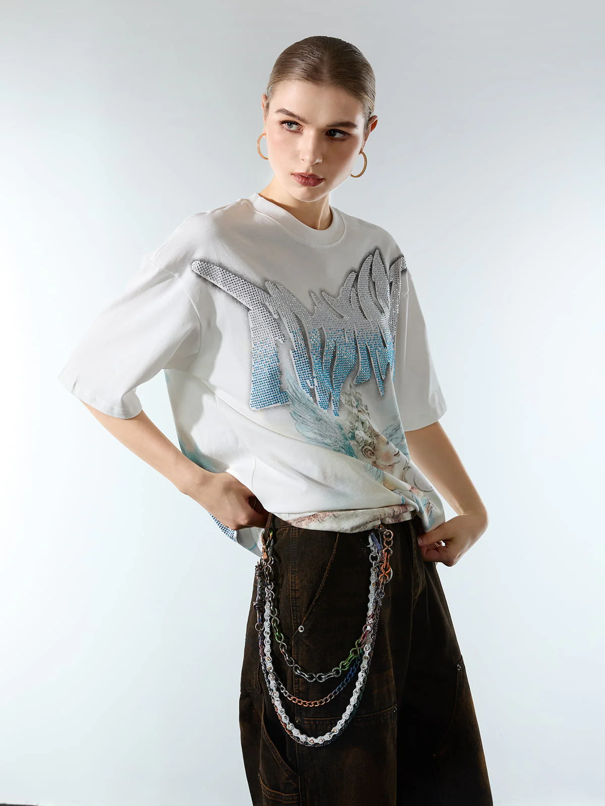 Retro Street Peace Dove Angel Rhinestone T-Shirt - Image 6