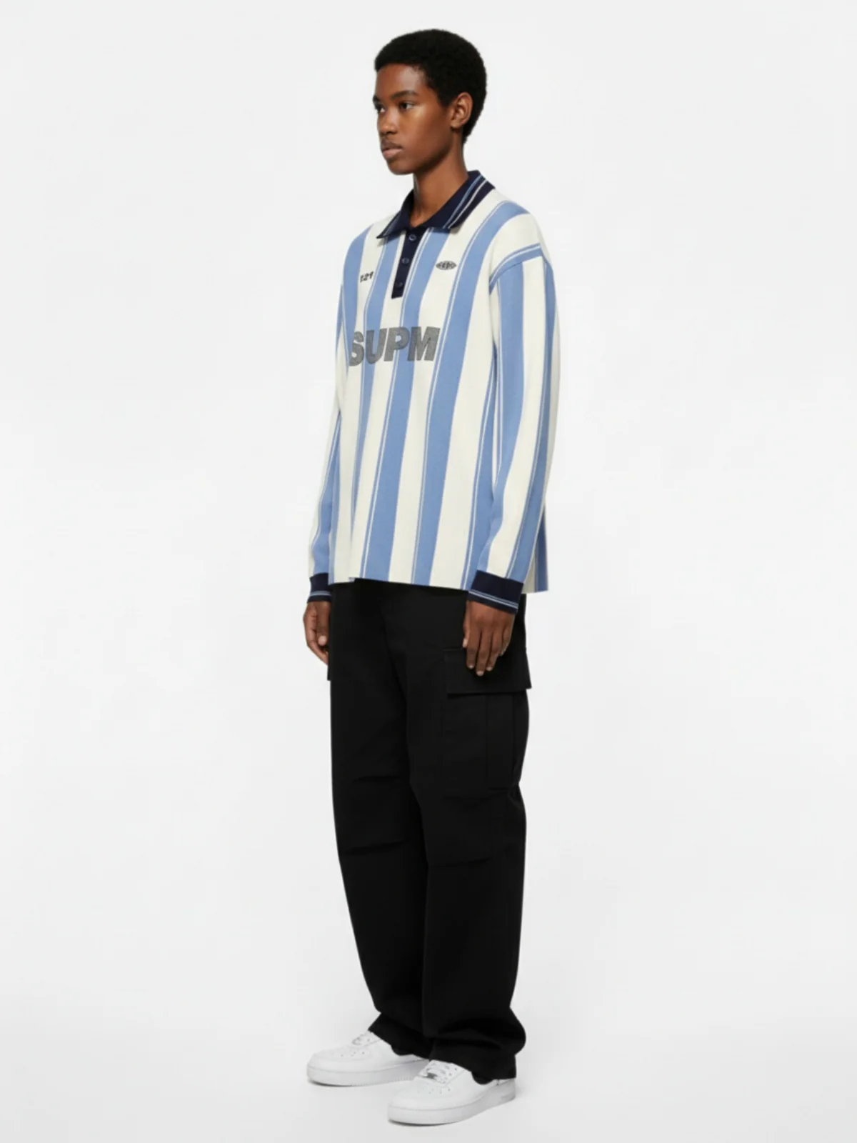 Retro Striped Polo Collar Sports Jersey Knit Sweater - Image 5