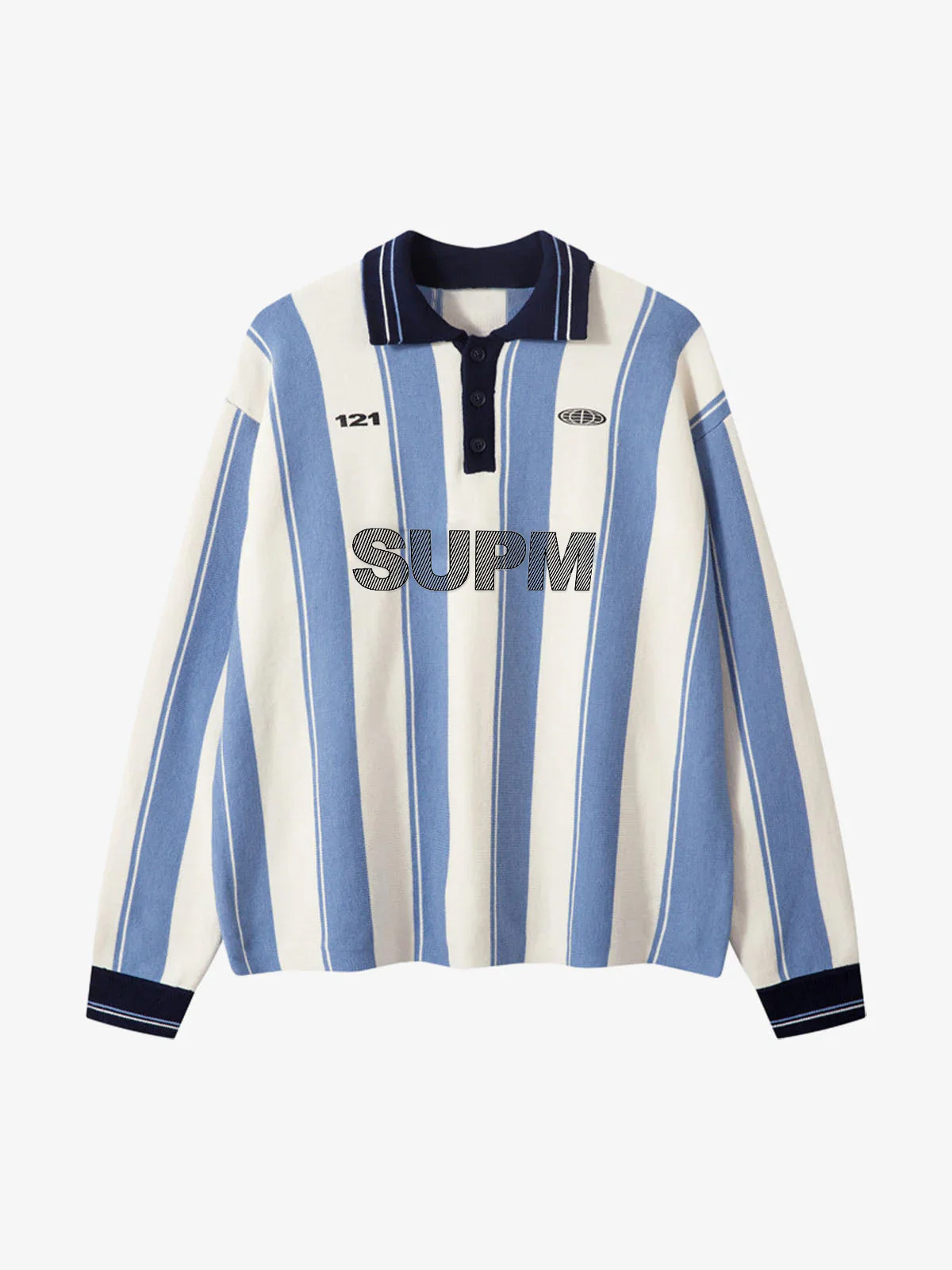 Retro Striped Polo Collar Sports Jersey Knit Sweater - Image 6