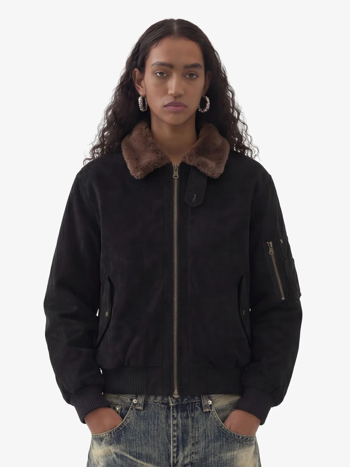 Retro Suede Faux Fur Collar Fleece Lined Bomber Jacket - Image 3