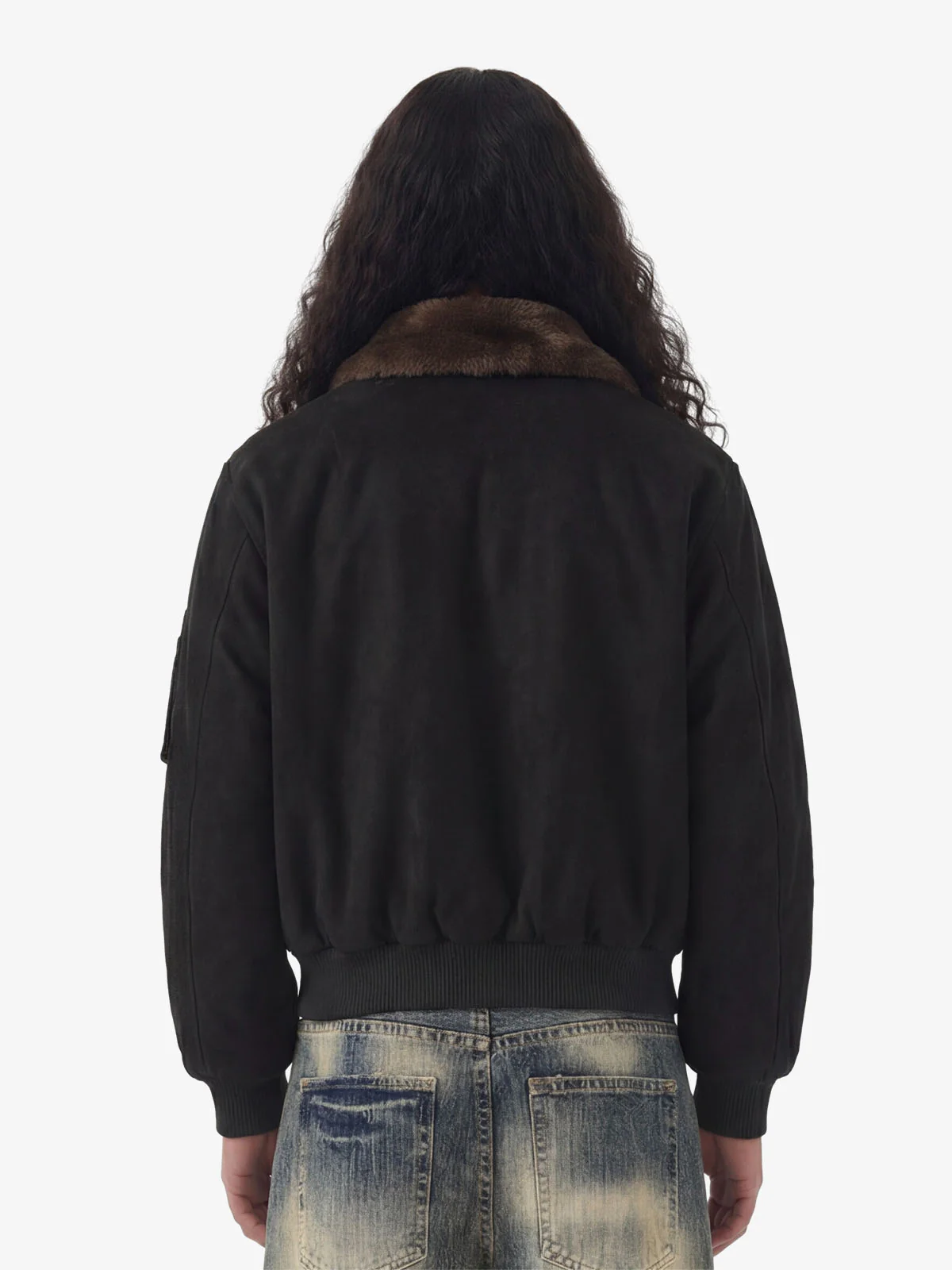 Retro Suede Faux Fur Collar Fleece Lined Bomber Jacket - Image 4