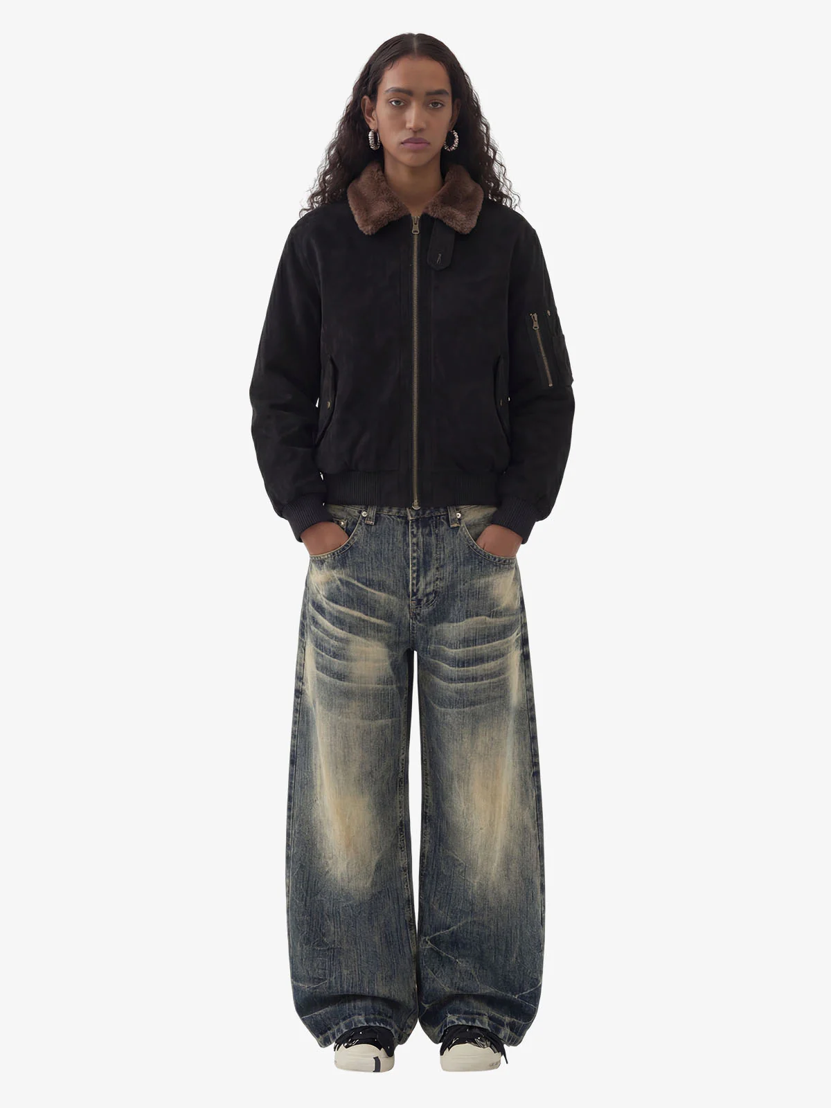 Retro Suede Faux Fur Collar Fleece Lined Bomber Jacket - Image 6