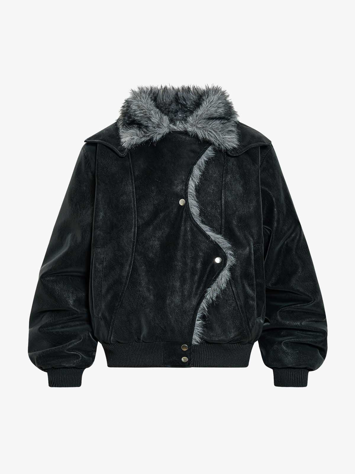 Retro Suede Faux Fur Detail Asymmetric Button Jacket - Image 2