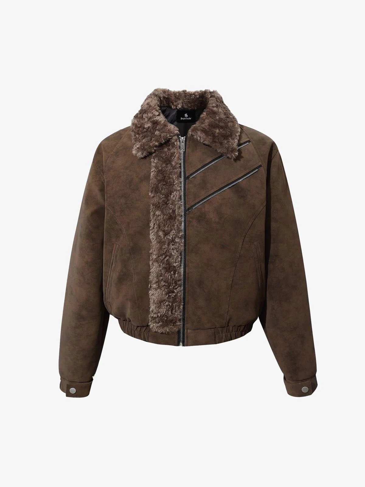 Retro Suede Texture Shearling Collar Fleece Bomber Jacket - Image 2