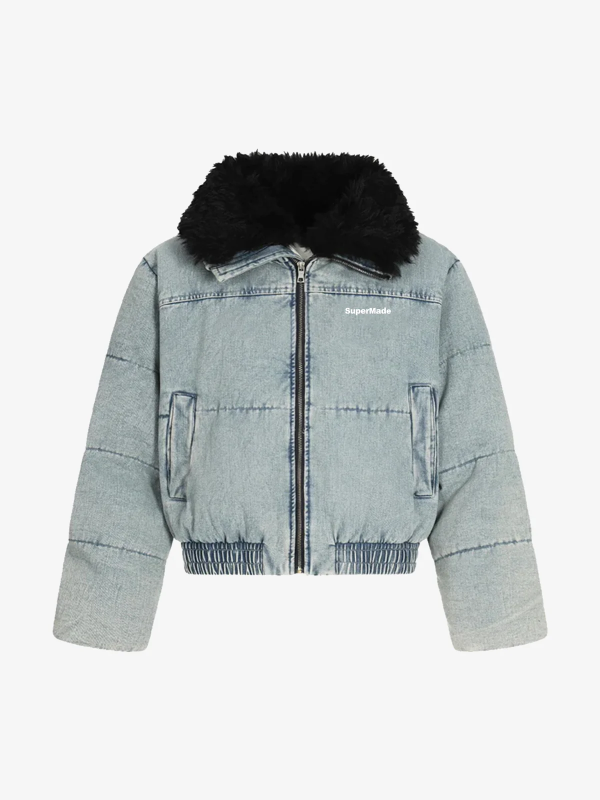 Retro Washed Denim Faux Fur Collar Quilted Jacket - Image 2
