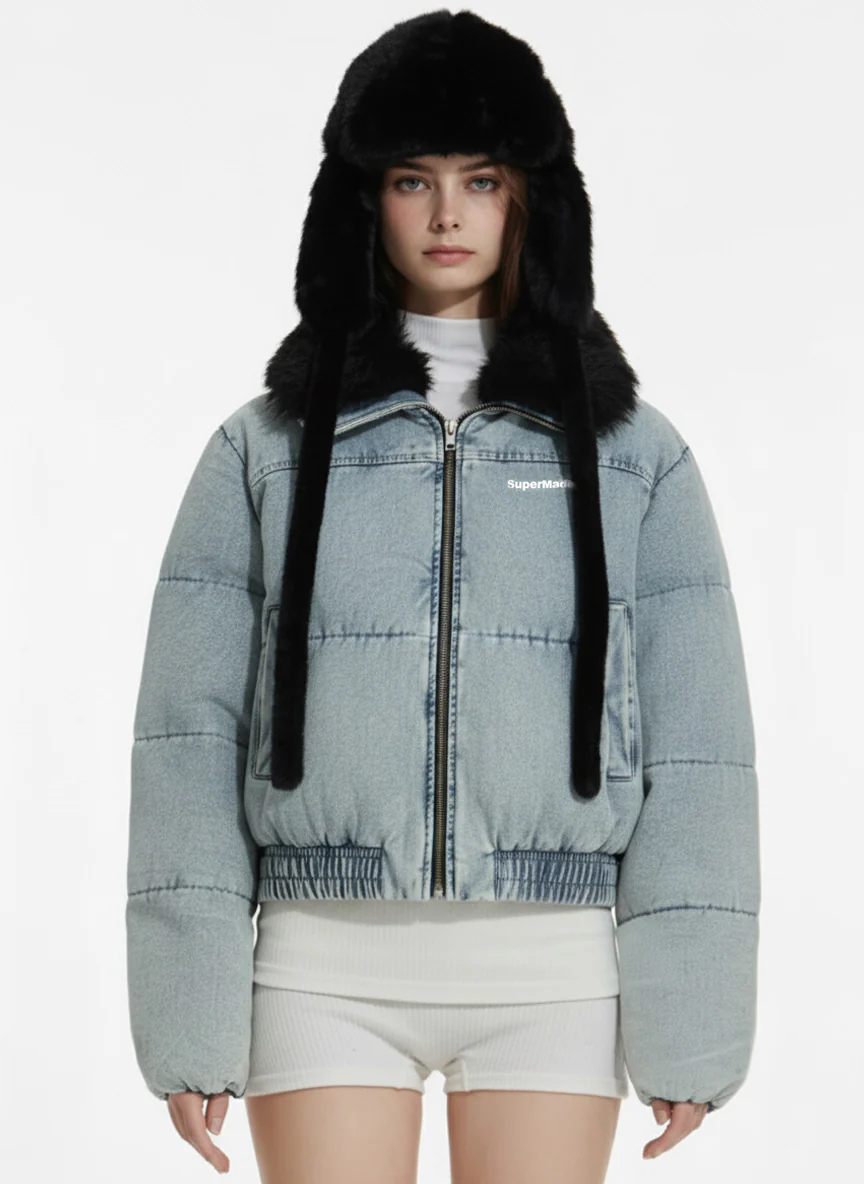 Retro Washed Denim Faux Fur Collar Quilted Jacket - Image 3