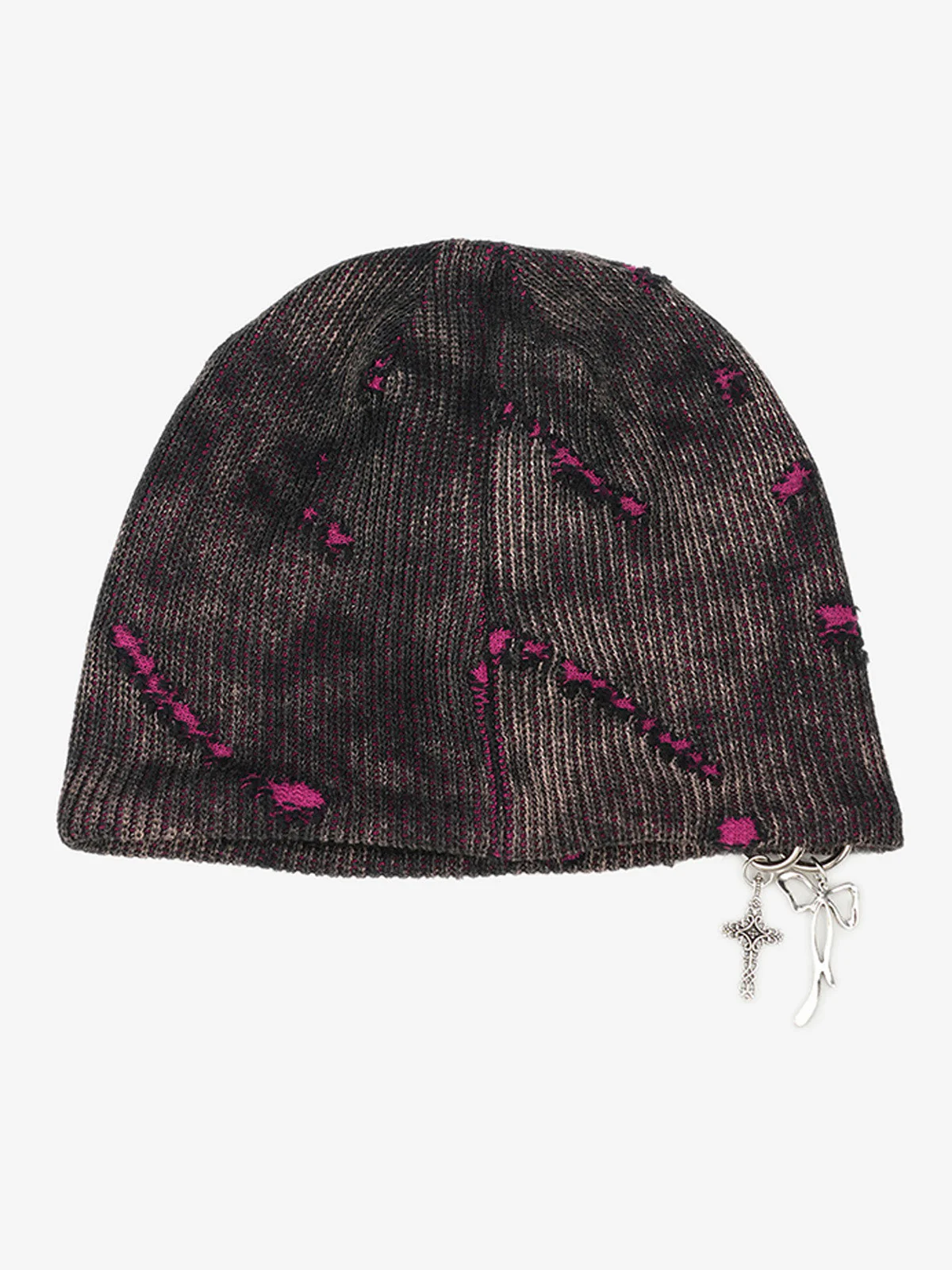 Retro Wasteland Style Distressed Knit Hanging Charm Beanie - Image 9