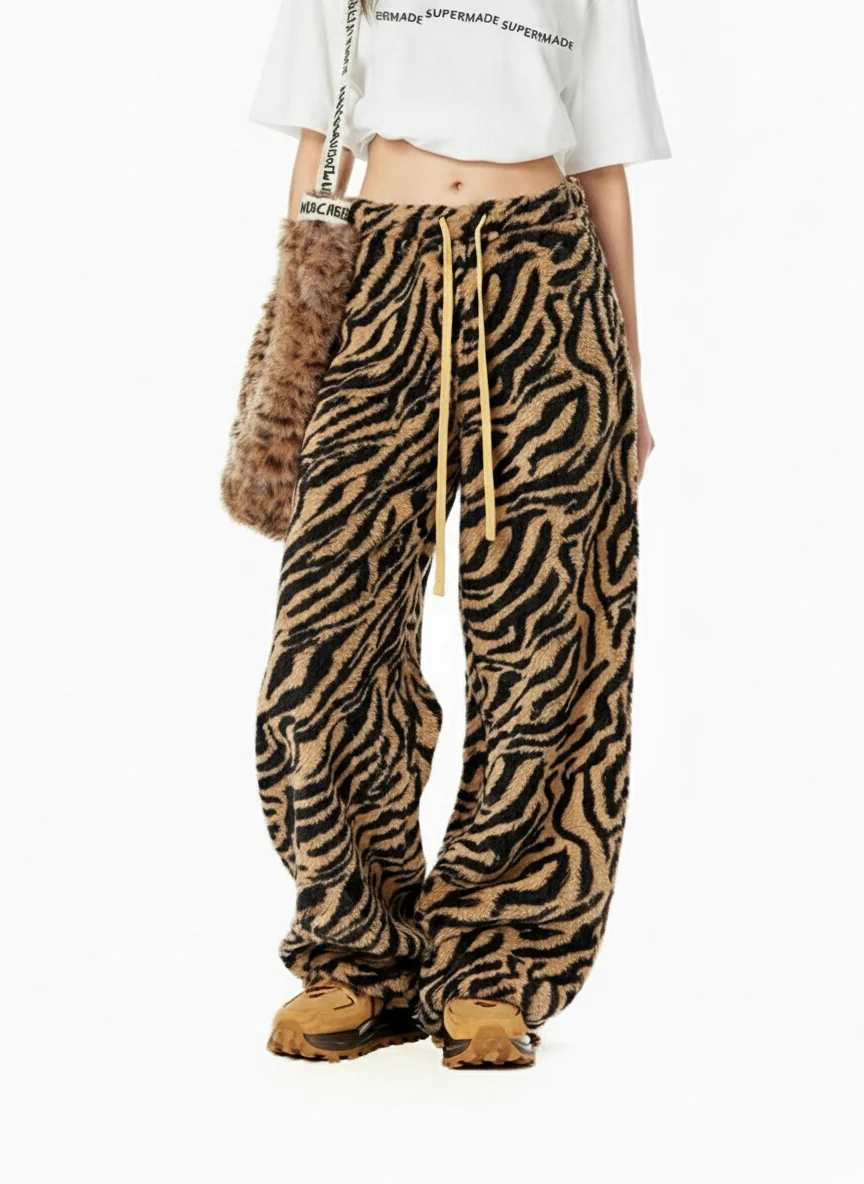 Retro Zebra Print Wide-Leg Lounge Barrel Pants - Image 3