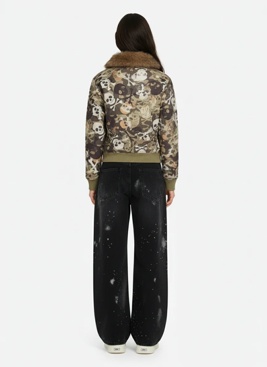 Skull Camouflage Fur Collar Hot Diamond Hooded Jacket - 2507 - Image 4