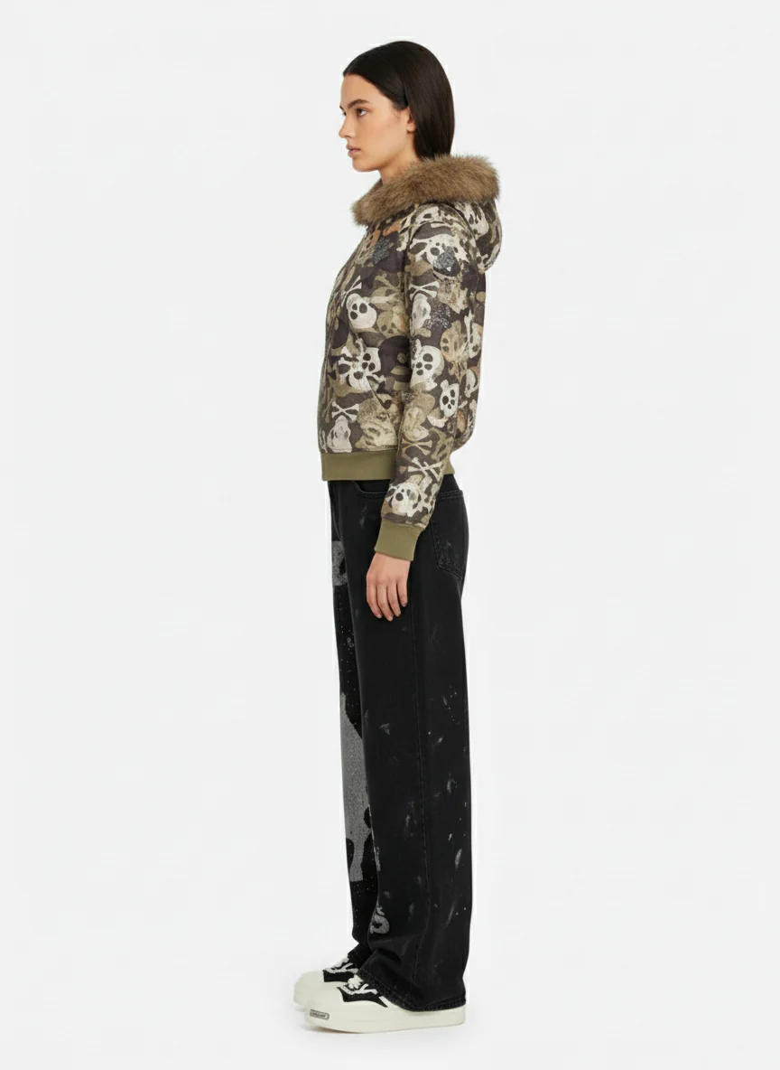 Skull Camouflage Fur Collar Hot Diamond Hooded Jacket - 2507 - Image 5