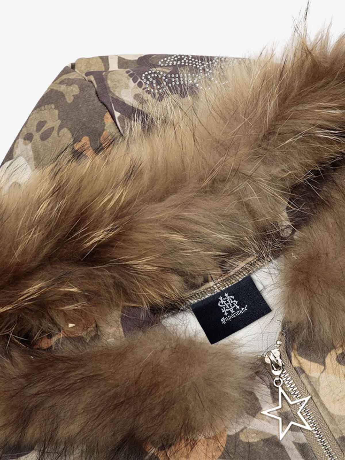 Skull Camouflage Fur Collar Hot Diamond Hooded Jacket - 2507 - Image 7